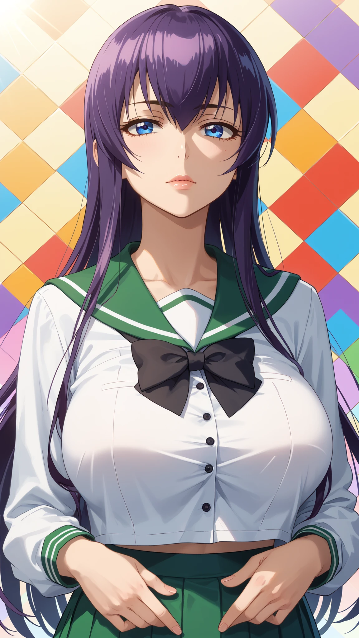 score_9, score_8_up, score_7_up, 1 girl, Stares at Viewers, sunlight, OverviewBackground, Argyle Pattern Background, rainbow, heart, upper body, close-up, Portrait, 
Saeko _I love Sujima, purple hair,  blue eyes, long hair, Between the eyebrows, school uniform, sailor suit, green skirt, long skirt, pleated skirt, black bow tie,
lips, no expression, bigger  in bikinis, lowered,  mature woman, place your hands on your lower back,