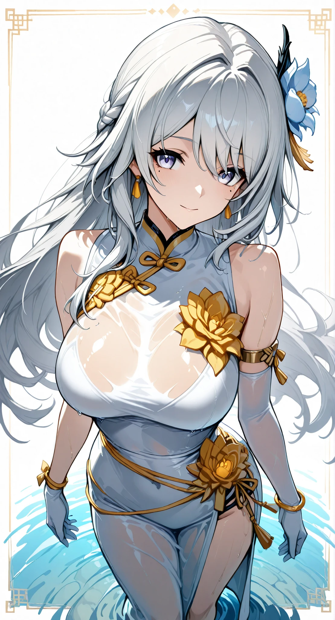 mole under eye、Armlet for left arm、bracelet for right wrist、sleeveless china ,anime girl Picture of a woman with long white hair and a flower in her hair, gray hairの deity, Anime Goddess, gray hairの, gray hairの lady, gray hair, Zodiac knight portrait girl whose clothes are slightly transparent in water, Haise Jinyao, Genshin characters、Keking, Full Body Senxia , female anime character, Picture of a woman with long white hair, perfect gray hairの girl,large breasts with good shape,thin waist,mole under eye,long gloves,earrings,no background,My whole body gets wet、Can water see through clothes、 The hair bundled in the back is a braid, outside border, feet out of frame, first-person view, cowboy shot, from above, from behind, partially underwater shot