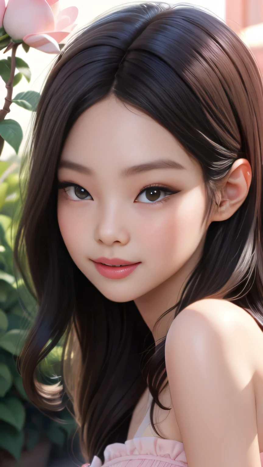 RAW digital art, ultra-realistic 3D render of a stunning woman resembling Jennie from Black Pink, ((highly detailed face:1.3)), flawless skin texture, expressive eyes with subtle reflections, soft shadows and cinematic studio lighting, Pixar-inspired style blending vibrant colors with realistic details, smooth yet detailed hair strands, perfectly portioned body, perfect breasts, wearing Soft pastel pink strapless sundress with ruffled hem, quaint garden patio with wrought-iron furniture and blooming roses., posed naturally with a confident, playful smile, background softly blurred with warm tones, (8K resolution, intricate textures, sharp focus)