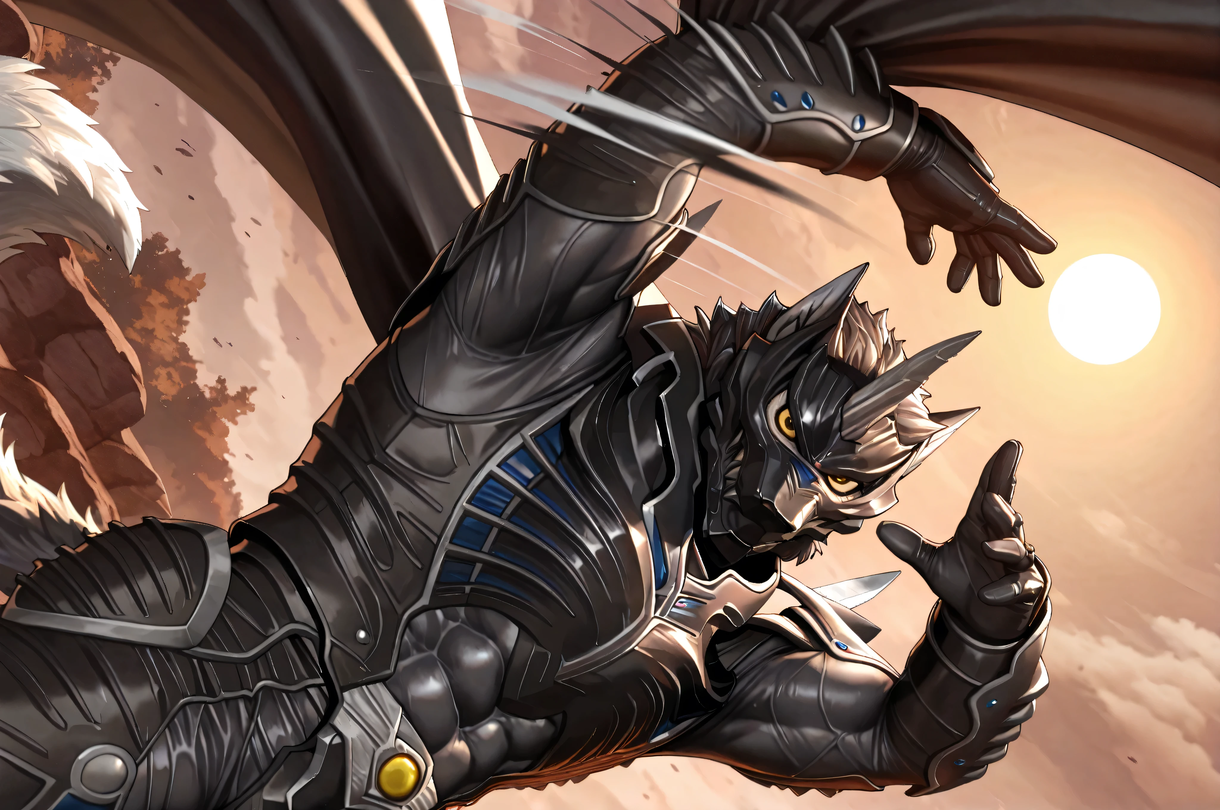 (Zen Aku), Power Rangers Wildforce, wolf, armor, (black body, manly, masculine, mature, muscular, defined muscles, bara), monster male, no human, close up, [from side], looking at viewer, BREAK, (villain pose, dynamic pose, flexible, flipping a cape, flowing cape in motion, dramatically billowing cape, flipping dramatically:1.1), looking for viewer, BREAK, (dutch angle), (simple background), dynamic lighting, rim lighting, five fingers, BREAK, masterpiece, best quality, official art, detailed, 8K, game cg, ultra-detailed, beautiful detailed eyes, very aesthetic, IllusP0s, nsfw, (solo), five fingers, bkmitastyle, uncensored,  