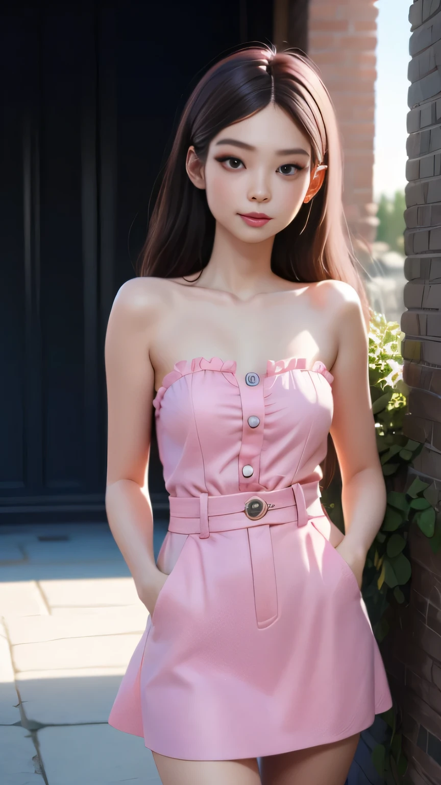 RAW digital art, ultra-realistic 3D render of a stunning woman resembling Jennie from Black Pink, ((highly detailed face:1.3)), flawless skin texture, expressive eyes with subtle reflections, soft shadows and cinematic studio lighting, Pixar-inspired style blending vibrant colors with realistic details, smooth yet detailed hair strands, perfectly portioned body, perfect breasts, wearing Soft pastel pink strapless sundress with ruffled hem, quaint garden patio with wrought-iron furniture and blooming roses., Leaning casually against a wall, one leg bent, hands in pockets., background softly blurred with warm tones, (8K resolution, intricate textures, sharp focus)