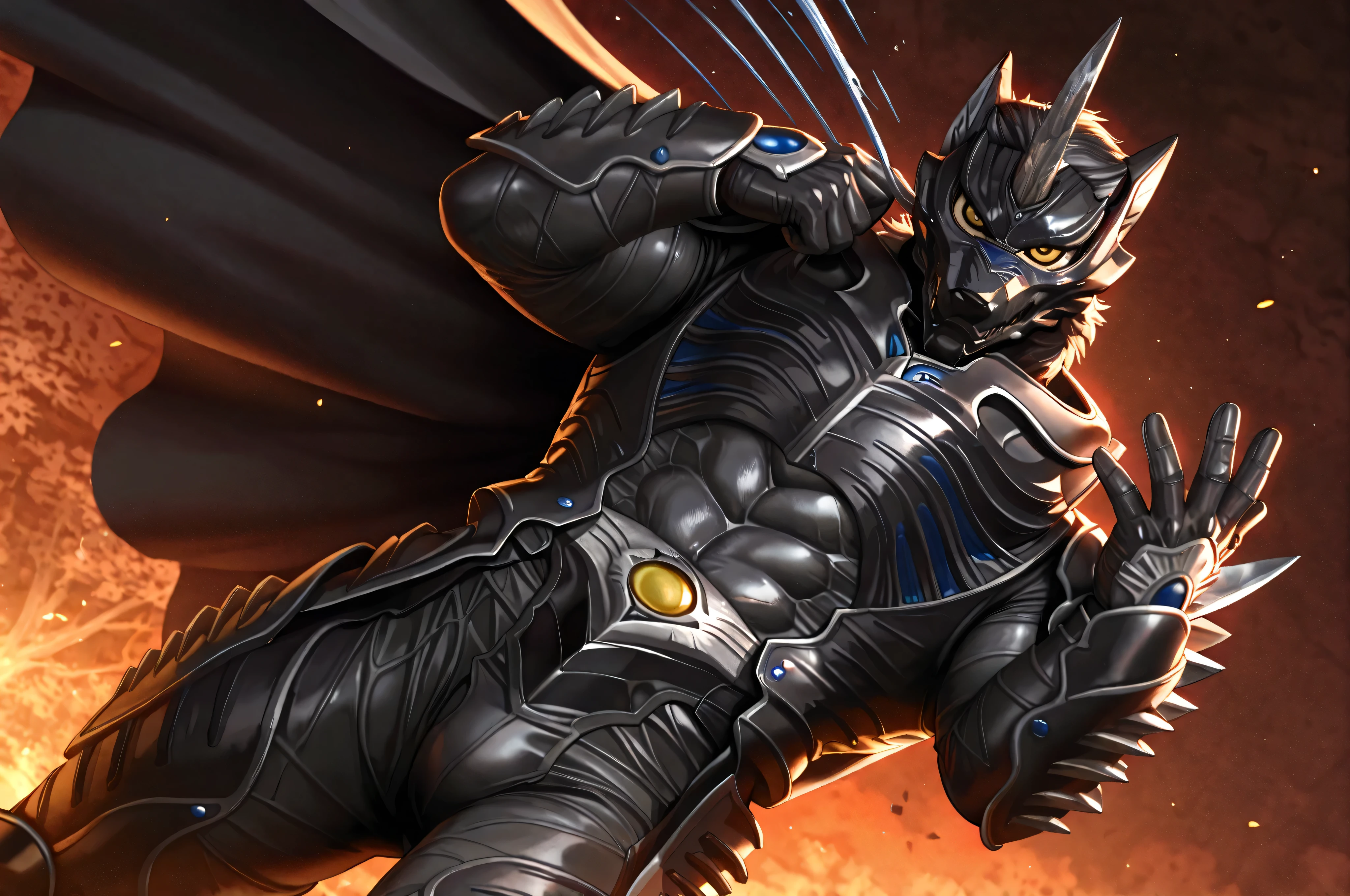 (Zen Aku), Power Rangers Wildforce, wolf, armor, (black body, manly, masculine, mature, muscular, defined muscles, bara), monster male, no human, close up, [from side], looking at viewer, BREAK, (villain pose, dynamic pose, flexible, flipping a cape, flowing cape in motion, dramatically billowing cape, flipping dramatically:1.1), looking for viewer, BREAK, (dutch angle), (simple background), dynamic lighting, rim lighting, five fingers, BREAK, masterpiece, best quality, official art, detailed, 8K, game cg, ultra-detailed, beautiful detailed eyes, very aesthetic, IllusP0s, nsfw, (solo), five fingers, bkmitastyle, uncensored,  