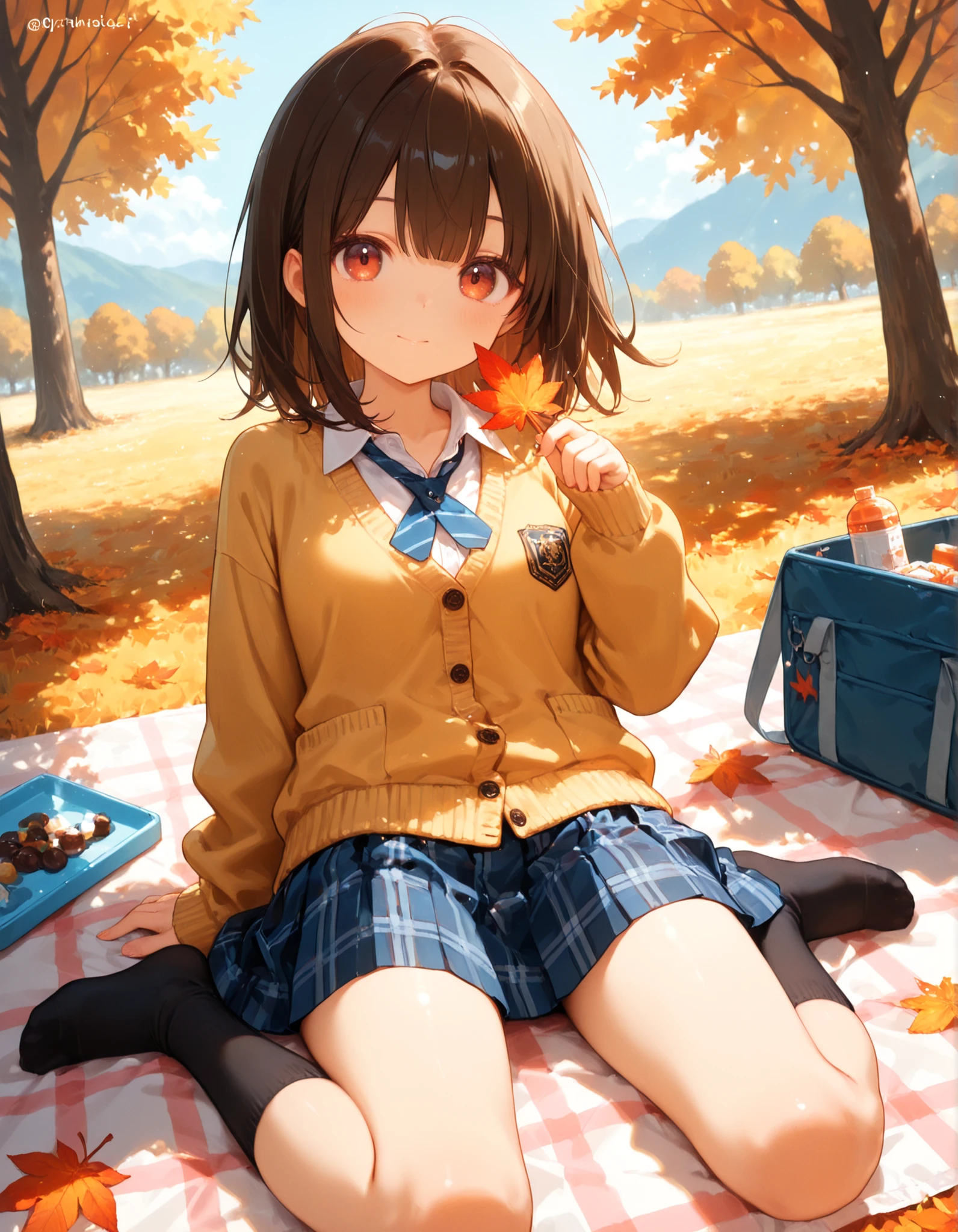 masterpiece, best quality, very aesthetic, 1girl,, picnic, wariza, autumn leaves, plaid skirt, cardigan