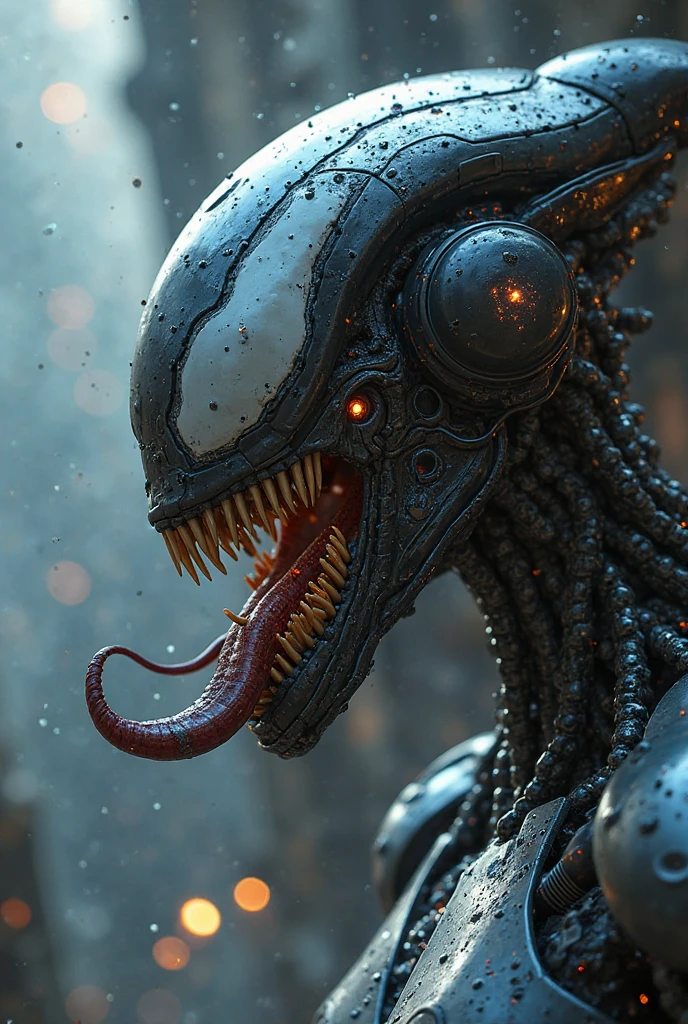 (((Very close up (((Predator fusion Xenomorph Alien the eighth passenger))),(((black color))) surreal and cinematographic images Color Splash images))),(((Front Images))),(((dreadlocks)))