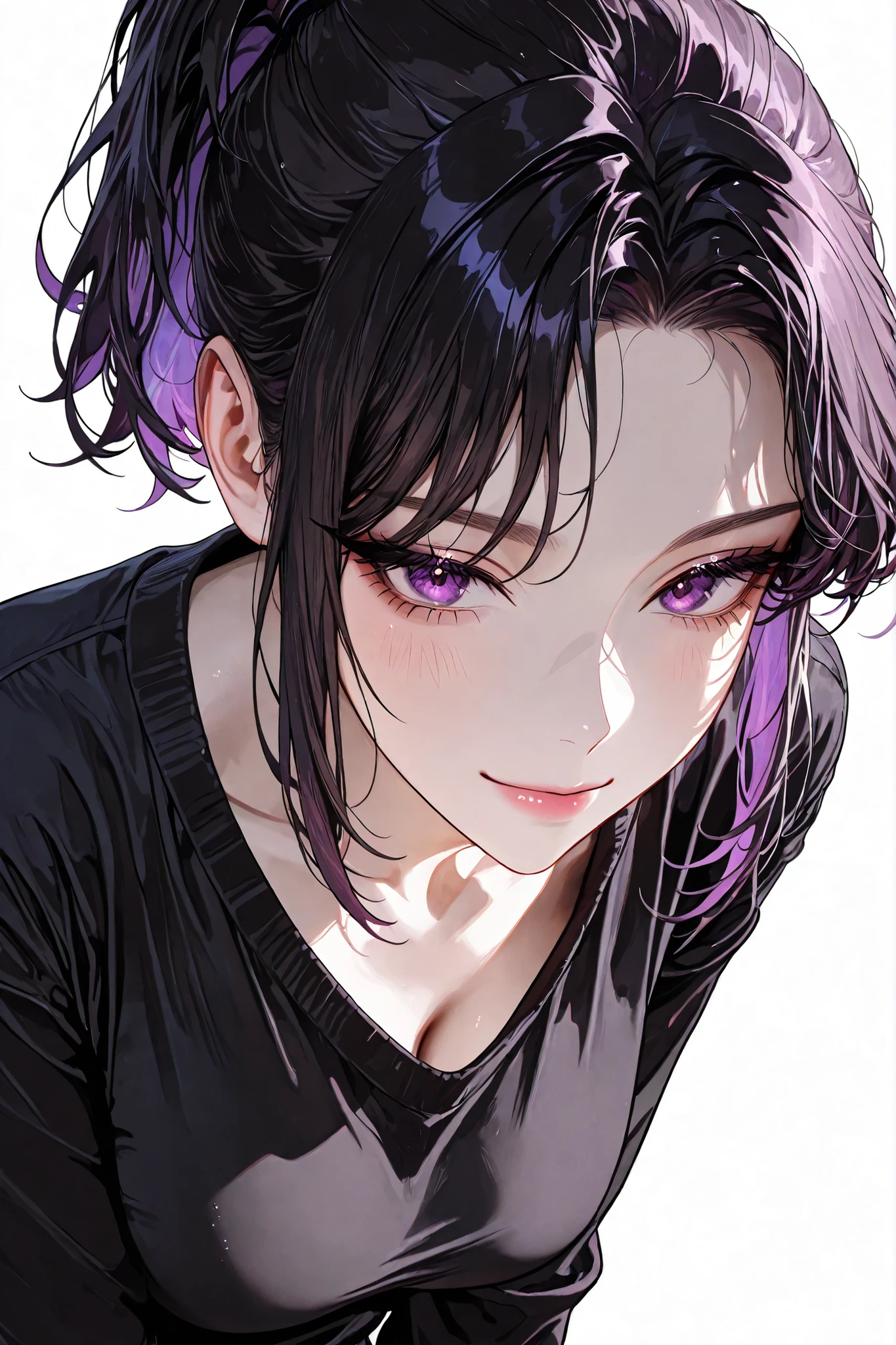 A pretty Korean adult woman with black high, short ponytail hair and purple eyes made a strong impression. She had a modest smile, wore loose, comfortable clothes for going out, and had a skinny body with a feminine feel., Dynamic pose, face close-up, white background