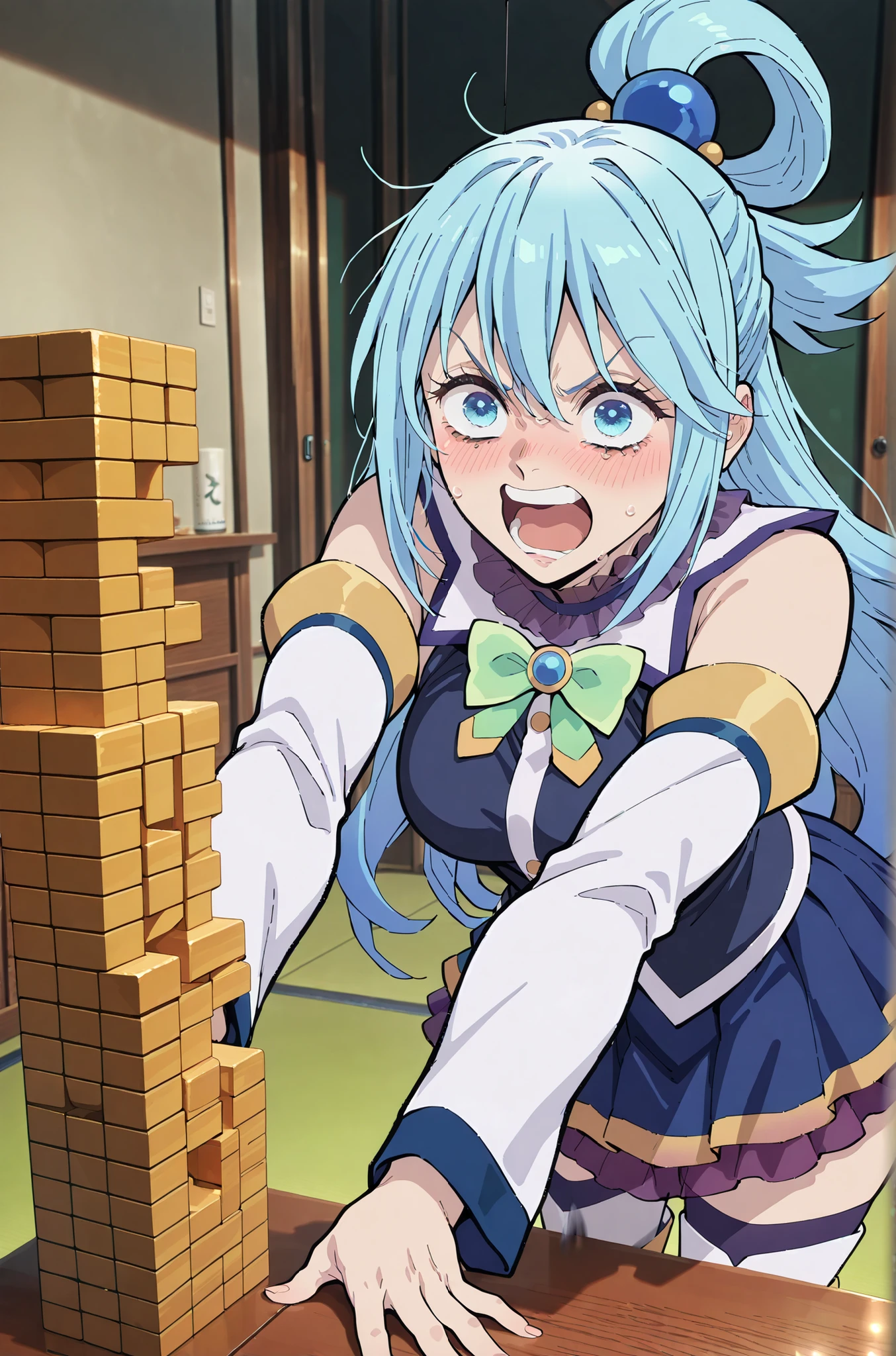 1girl, aqua_(konosuba),1girl, blue_footwear, blue_hair, blue_shirt, blue_skirt, boots, bottle, bow, bowtie, detached_sleeves, drunk, green_bow, green_bowtie, hair_rings, screaming,open mouth,crying with eyes open, ((angry, throwing jenga blocks, messy jenga block, throwing tantrum)), indoors, long_hair, pov across table, blush, soft smile, photo background, realistic background, masterpiece, best quality, good quality, newest, very aesthetic, absurdres ,masterpiece,best quality,amazing quality,very aesthetic,absurdres,newest ,masterpiece,best quality,amazing quality,very aesthetic,absurdres,newest,
,kimetsu no yaiba style