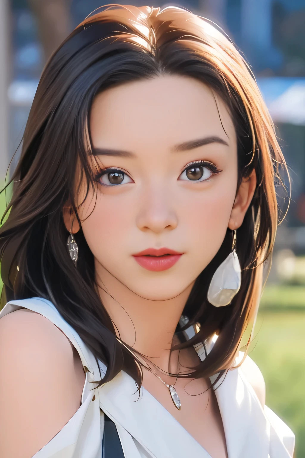 (8k, RAW photos,best quality, high resolution:1.1), (hyperrealistic:1.4),(realistic, photorealistic:1.3), soft light,big breasts,girl,realistic face,realistic body,realistic skin,absurdity,masterpiece,(cute:1.8), cuties, solo, (big breasts:1.2), detailed black eyes,innocent eyes,blusher,(t-shirt:1.2), cinema light,film grain,jewelry,earrings,((Medium hair:1.1)),((Floating Hair Novafrog Style)),cherry colored lips,hair ribbon,hair bow,ponytail,closeup,look viewer,long hair,upper body,open lips,upper teeth, (smiling eyes:0.6),((grinning:1.2)),depth of field, blurred background, eye focus, Bokeh,Young, 85mm Lens, f/1.4,Professional Lighting, Young,Portrait,Photon Mapping,Radiosity,Physically Based Rendering,