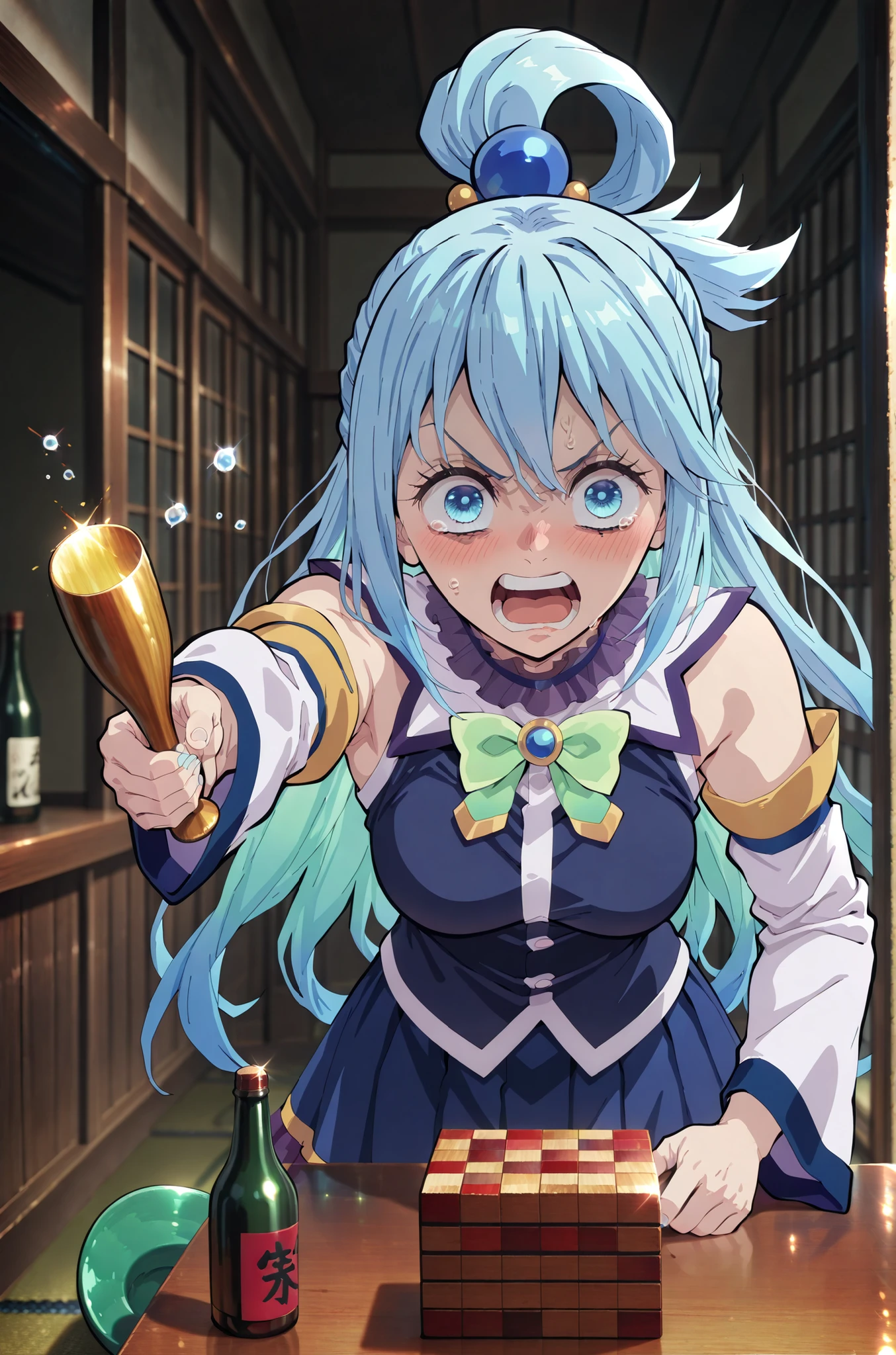 1girl, aqua_(konosuba),1girl, blue_footwear, blue_hair, blue_shirt, blue_skirt, boots, bottle, bow, bowtie, detached_sleeves, drunk, green_bow, green_bowtie, hair_rings, screaming,open mouth,crying with eyes open, ((angry, throwing jenga blocks, messy jenga block, throwing tantrum)), indoors, long_hair, pov across table, blush, soft smile, photo background, realistic background, masterpiece, best quality, good quality, newest, very aesthetic, absurdres ,masterpiece,best quality,amazing quality,very aesthetic,absurdres,newest ,masterpiece,best quality,amazing quality,very aesthetic,absurdres,newest,
,kimetsu no yaiba style