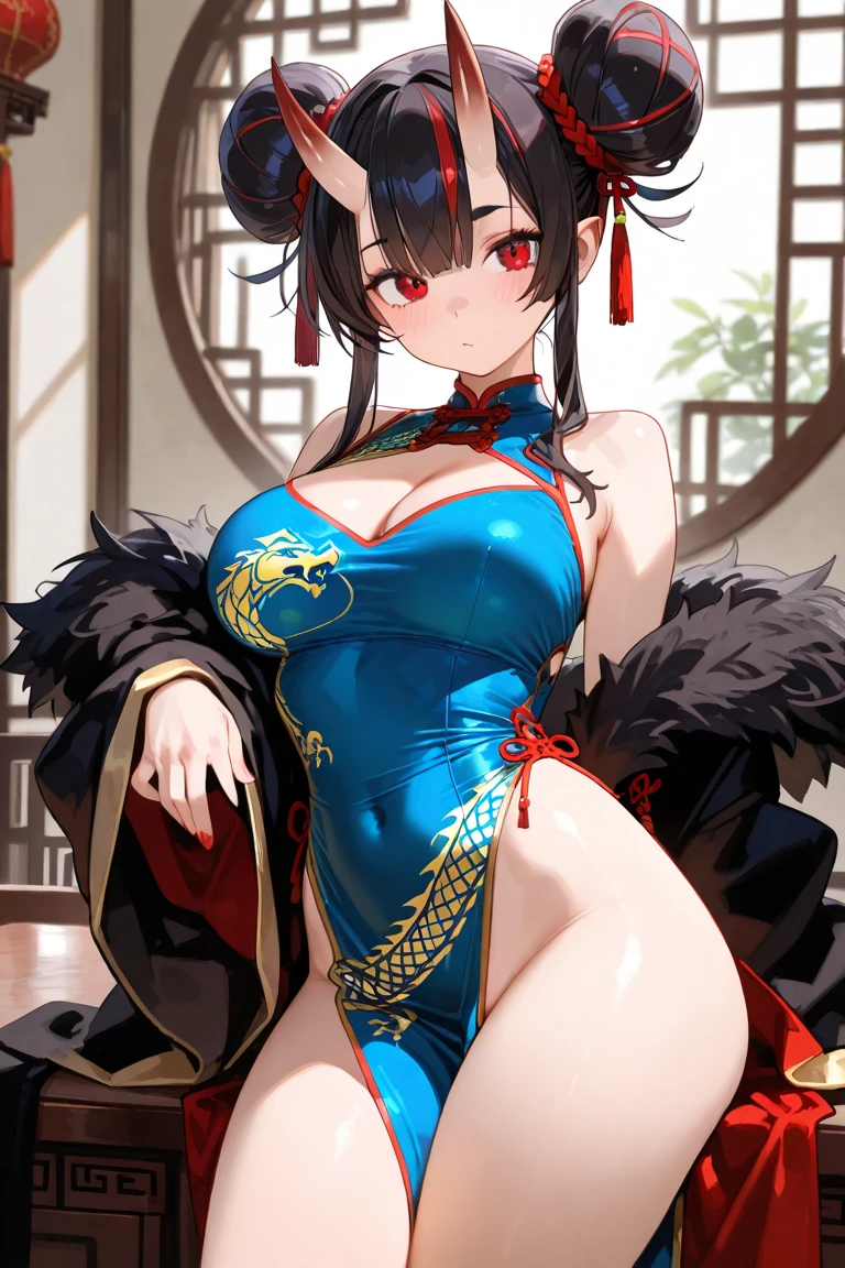Top quality, masterpiece, super detailed, very delicate 8k wallpaper, dramatic lighting, beautiful face, makeup, long eyelashes, thick lips, (red cheongsam with gold embroidery), (slit on one side), (floral hair ornament), fan, charming smile, high heels, full body, (perfect five fingers: 1.1), elbow gloves, (bare shoulders), garter belt, knee high socks, charming, ( huge breasts, thin waist, huge buttocks),