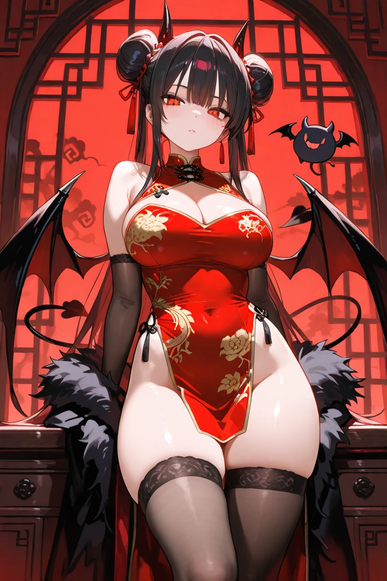 (8k, RAW photo, realistic, photo-realistic, hyper-realistic, highest quality, best quality, masterpiece, highly detailed, absurdres:1.2), solo, vampire, goth, fantasy, delicate features, brown hair, red highlights in hair, red eyes, long hair, hair down, holding dog leash, taking sock off, wearing red tight dress, wearing red bat wings, blushing (large breasts:1.2), pale ivory white skin, (ultra-detailed 16k skin texture with slight imperfections:1.2), (vampire throne background:1), ultra-sharp focus, shallow depth of field, Volumetric lighting, specular lighting , Global illumination, Volumetric Fog , Silhouette