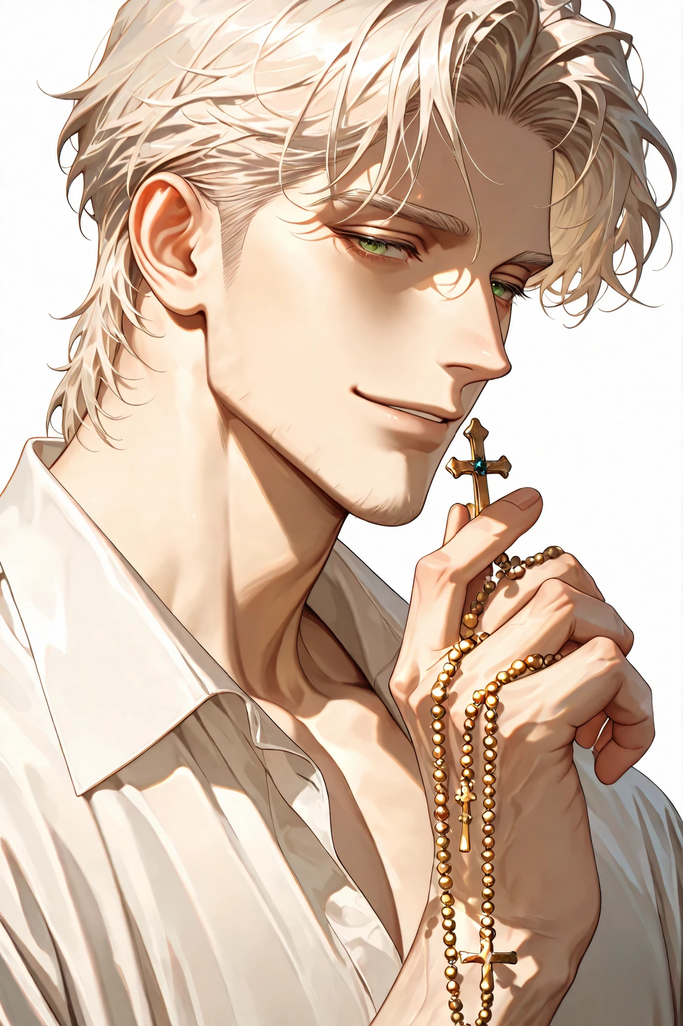 A handsome, mature Italian Korean adult male man with short white blond hair and green eyes has a very gentle and gentle impression. He is wearing a modern shirt with a smile and a skinny body., Holding a rosary, face close-up, white background, DYNAMIC ANGLE