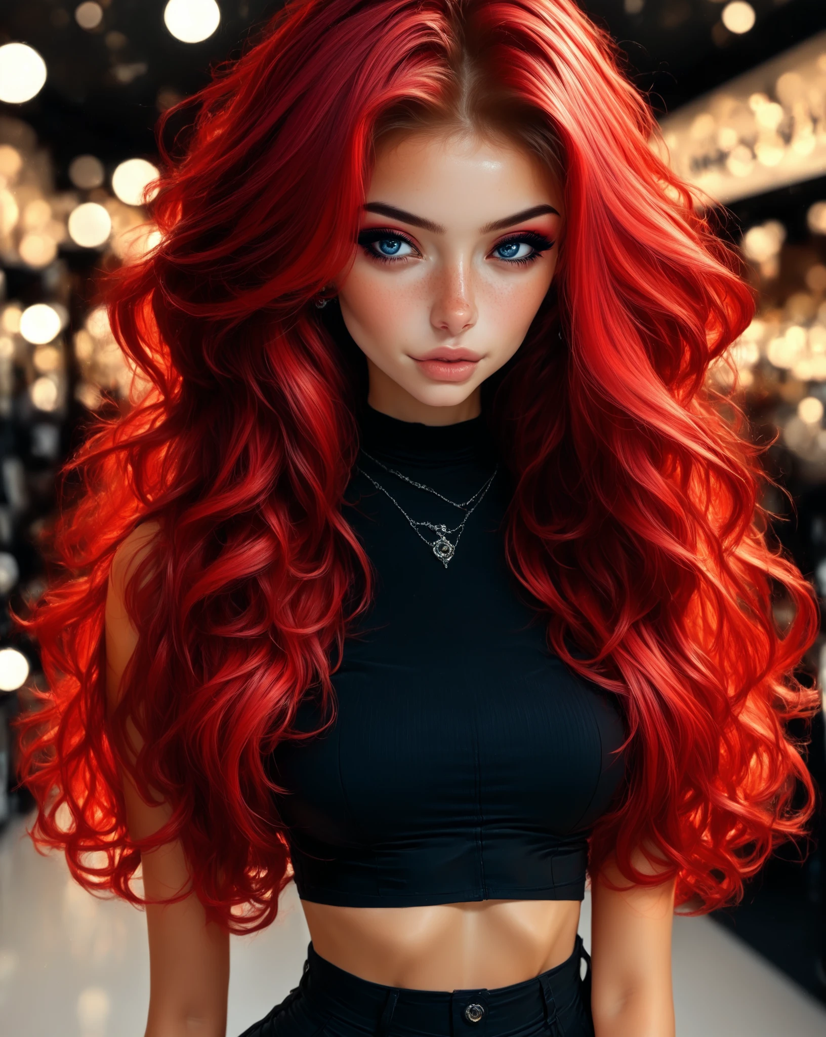 1 girl, natural red hair, close up on beautiful face, long layered hair, older woman, lip gloss, eyeliner, sexy, mature model, skinny, blue eyes, masterpiece, best quality, hrigh details, Ray tracing, hdr, volumetric lighting, bokeh, depth of field, glossy lips, score_9, score_8_up, score_7_up, upscale 2x, walking in shopping mall, tight white cropped top, freckled face, classic beauty, timeless beauty, black nails