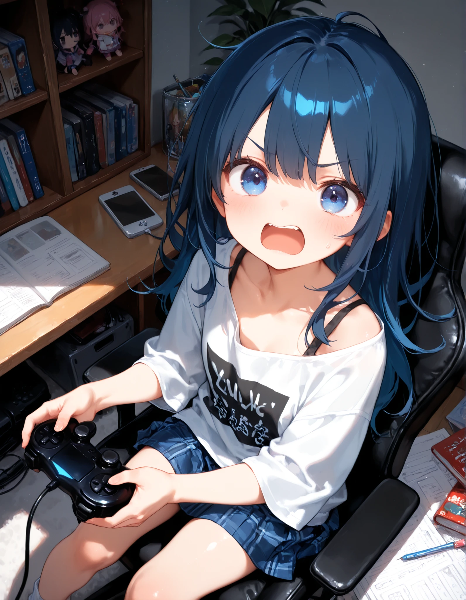 masterpiece, best quality, very aesthetic, 1girl,, game controller, (angry:0.6), casual clothes, skirt, messy room