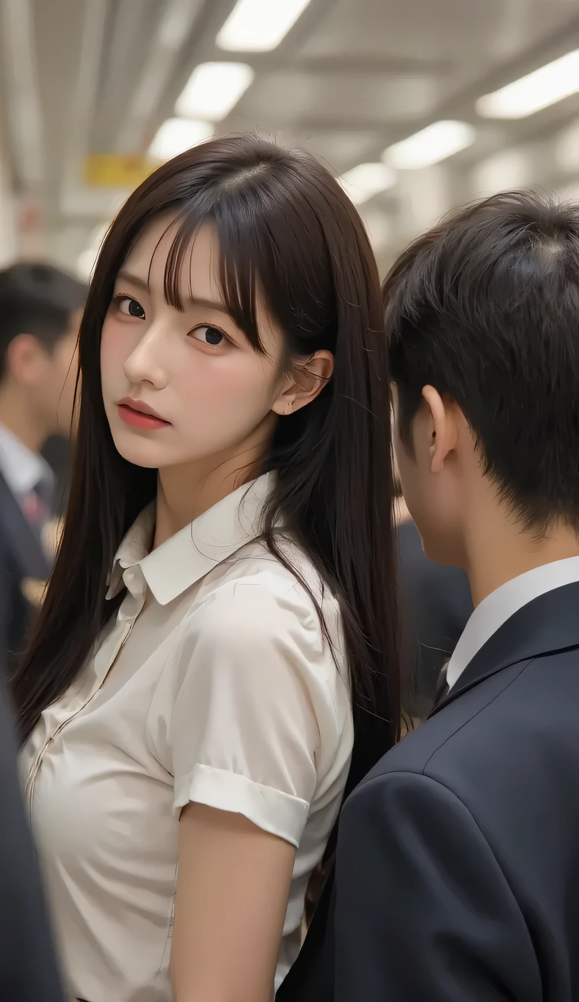 big boobs,masterpieces, Best Quality, beautiful Korean woman, Idol-like face, clean skin, Cut hair, With an uncomfortable expression, blush, Side View , very big butt,가슴골이 보이는 big boobs, In a subway full of people,Pushing a woman from all sides, white blouse that sticks to the body due to sweat, Sweaty head and face, Voluptuous Silhouette,Everyone on the subway is standing and in close contact with each other without space, with a woman in front, Angle shot from above,displeased expression, A man is lying on the left side of the woman's back, and the back is also leaning on the woman's body on the right, There are 10 men standing around.