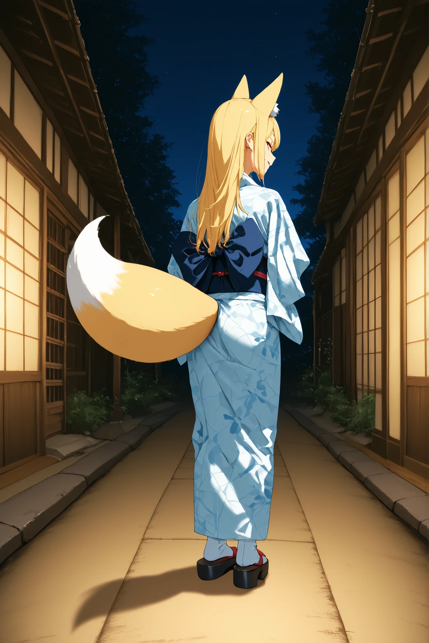 {{Woman in Japanese Kimono}},Blonde,LONG HAIR, ultra-aesthetic, anime style,at night,Shrine,kimono, smile,Human Male,fox_ears, blonde long hair, fox_tail,tatami room,{best quality}, {very aesthetic}, {ultra-detailed}, {best illustration}, nsfw, girl,fellatio, man, penis, catch ,pihch glans
