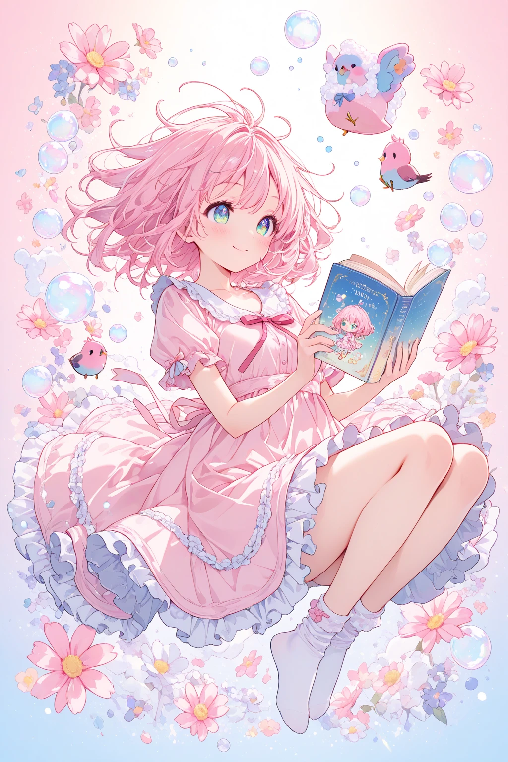 #UltraDetail #Chibi #Cute #AnimeStyle #Innocent #Airhead
adorable chibi-style anime girl with a dreamy vacant smile, large sparkling eyes, gentle blush, slightly messy hair with loose strands, pastel-colored frilly dress with ribbons, holding an upside-down book, mismatched socks, surrounded by whimsical floating objects (flowers, soap bubbles, tiny birds), soft glowing light, warm pastel colors, playful and innocent atmosphere, ultra detailed, super deformed proportions, big head and small body