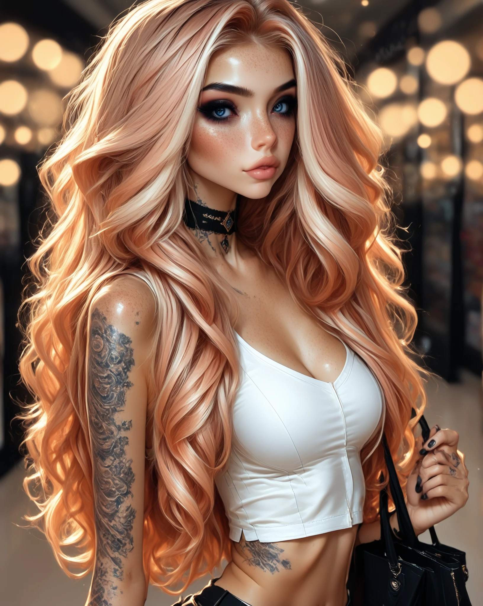 1 girl, natural redhead, close up on beautiful face, long layered hair, older woman, lip gloss, eyeliner, sexy, mature model, skinny, blue eyes, masterpiece, best quality, hrigh details, Ray tracing, hdr, volumetric lighting, bokeh, depth of field, glossy lips, score_9, score_8_up, score_7_up, upscale 2x, walking in shopping mall, tight white cropped top that says daddy's girl, freckled face, classic beauty, timeless beauty, black nails, ample cleavage, choker