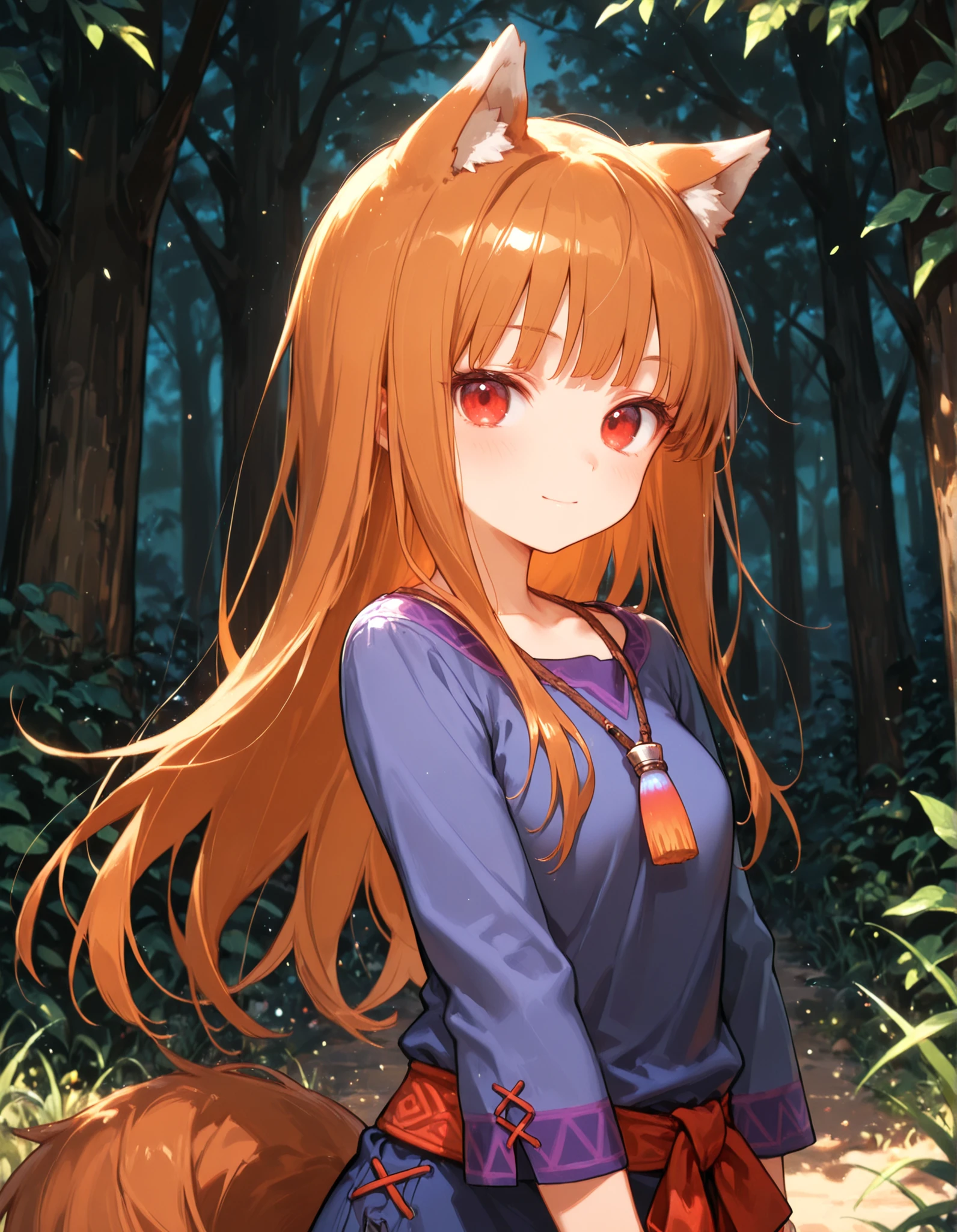 masterpiece, best quality, very aesthetic, 1girl,, holo, wolf ears, long hair, solo, red eyes, ginger hair, wolf tail,