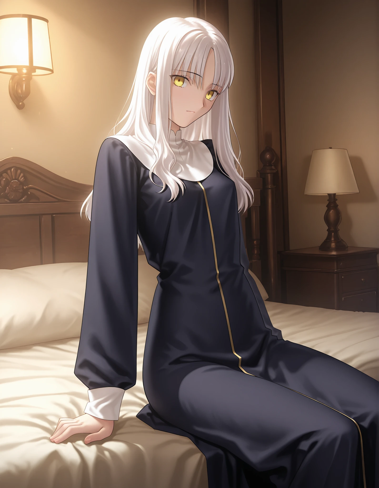 masterpiece, best quality, amazing quality, , 1girl, solo, looking at viewer, <lora:Fate_SNHA_style_ILL-v2:1> fatesnhastyle, game cg,fatevnstyle, ((cinematic light)), Caren, white hair, hair down, ,yellow eyes, (detailed black nun), on bed, , (small ), ,(dutch angle),(sitting on bed), , cowboy shot,