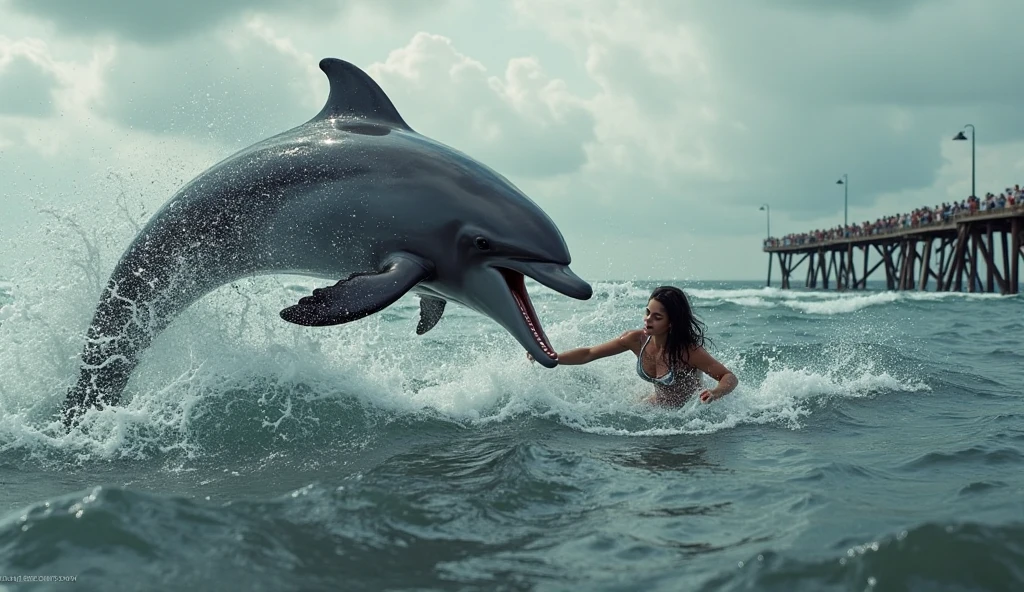 Dolphin monster humps beautiful  aroused, young, blonde teen bikini girl in the water, realistic, perfect body top quality 