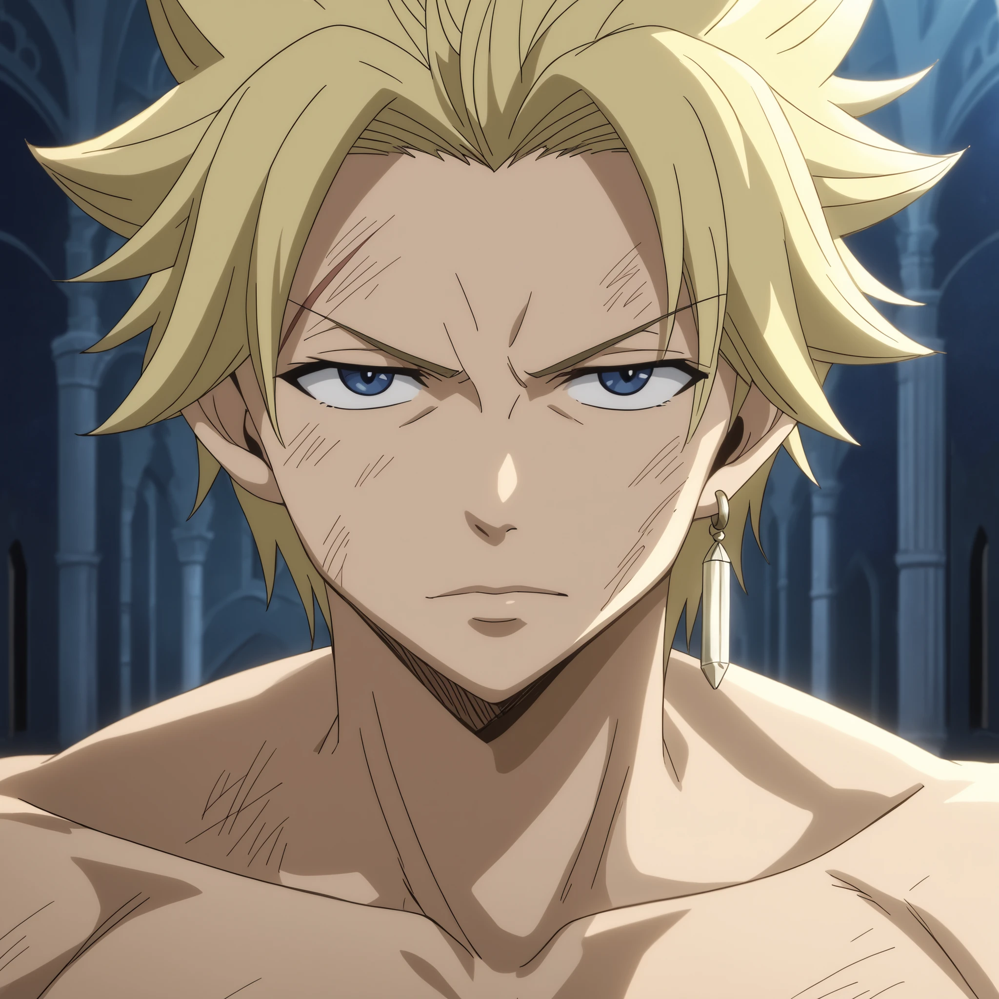 score_9, score_8_up, score_7_up, source_anime, StingFT, Sting blonde hair, light yellow Sting, 1boy, male focus, anime screencap, official style, intricate details, open silk black robe, detailed face, front view, Frontal portrait, looking at viewer, background with soft shadows, soft blue lighting highlighting his features, high-quality anime details, vivid colors, official style, sting eucliffe-1male focus, blonde_sting eucliffe_hair, brown_sting eucliffe_single scar, blue_sting eucliffe_eyes, light yellow_sting eucliffe_single earring, 1boy, male focus, anime screencap, official style, intricate details, detailed face, background with soft shadows, soft blue lighting highlighting his features, high-quality anime details, vivid colors, 