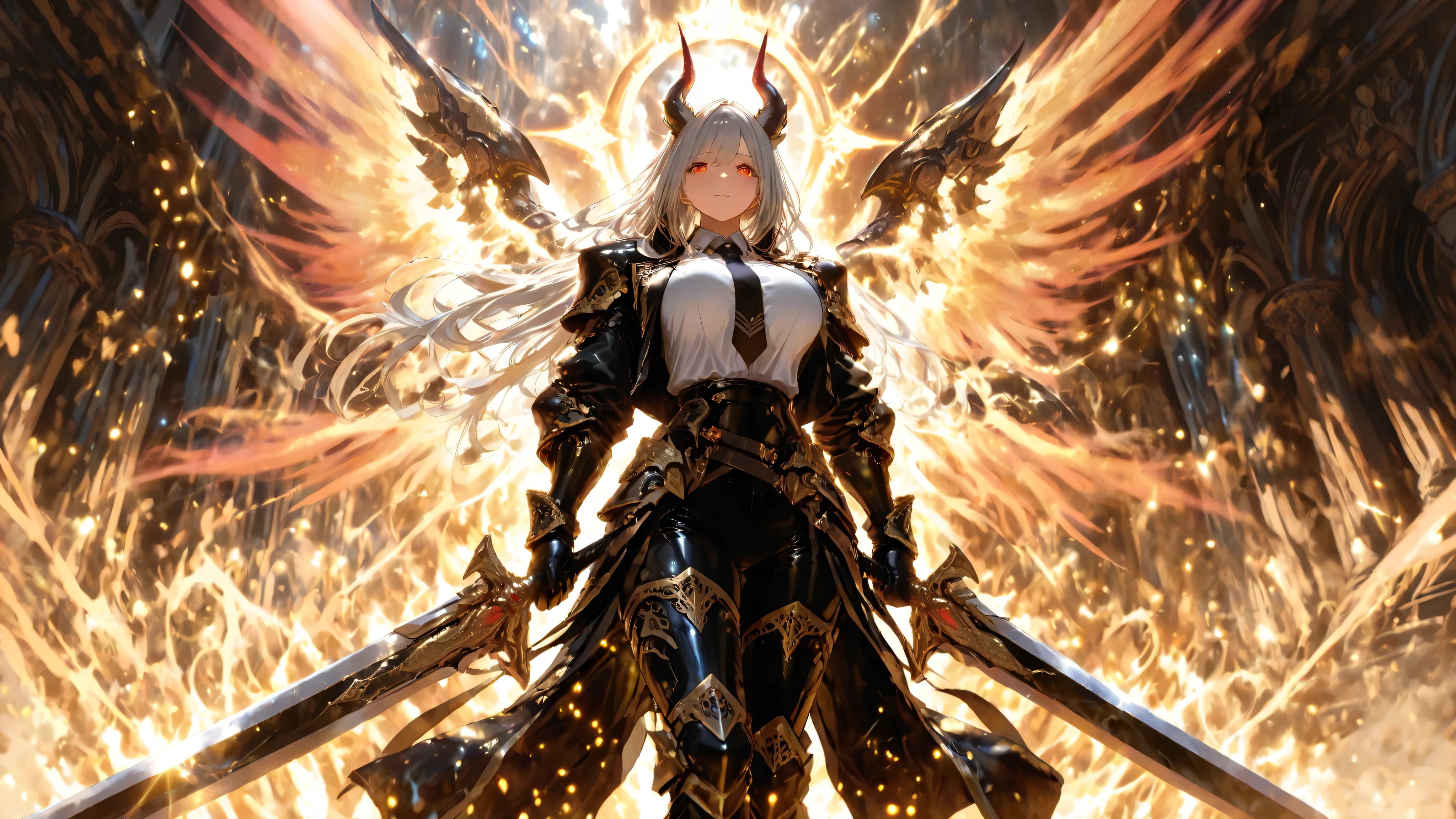 divine light magic, radiant aura,sacred energy, halo,Masterpiece, best quality, professional photography, ultra detailed,engraved,magic effect, girls are walking. detailded dragon red eyes, girls has dignified expression, detailded face, One girl is wearing black gauntlets on both hands. The gauntlets are decorated with gold. The girl is wearing a stylish decorated black jacket suit for combat. A white shirt with a black tie and black pants. She wears black mecha that resemble dragon horns and ears. In her hand she holds a powerful decorated black long huge sword weapon,magic effect, The other girl has long legs and wears high-heeled boots that look like black armor. The boots are also decorated with gold. Silver long hair/big breasts/masterpiece/best quality/extremely detailed