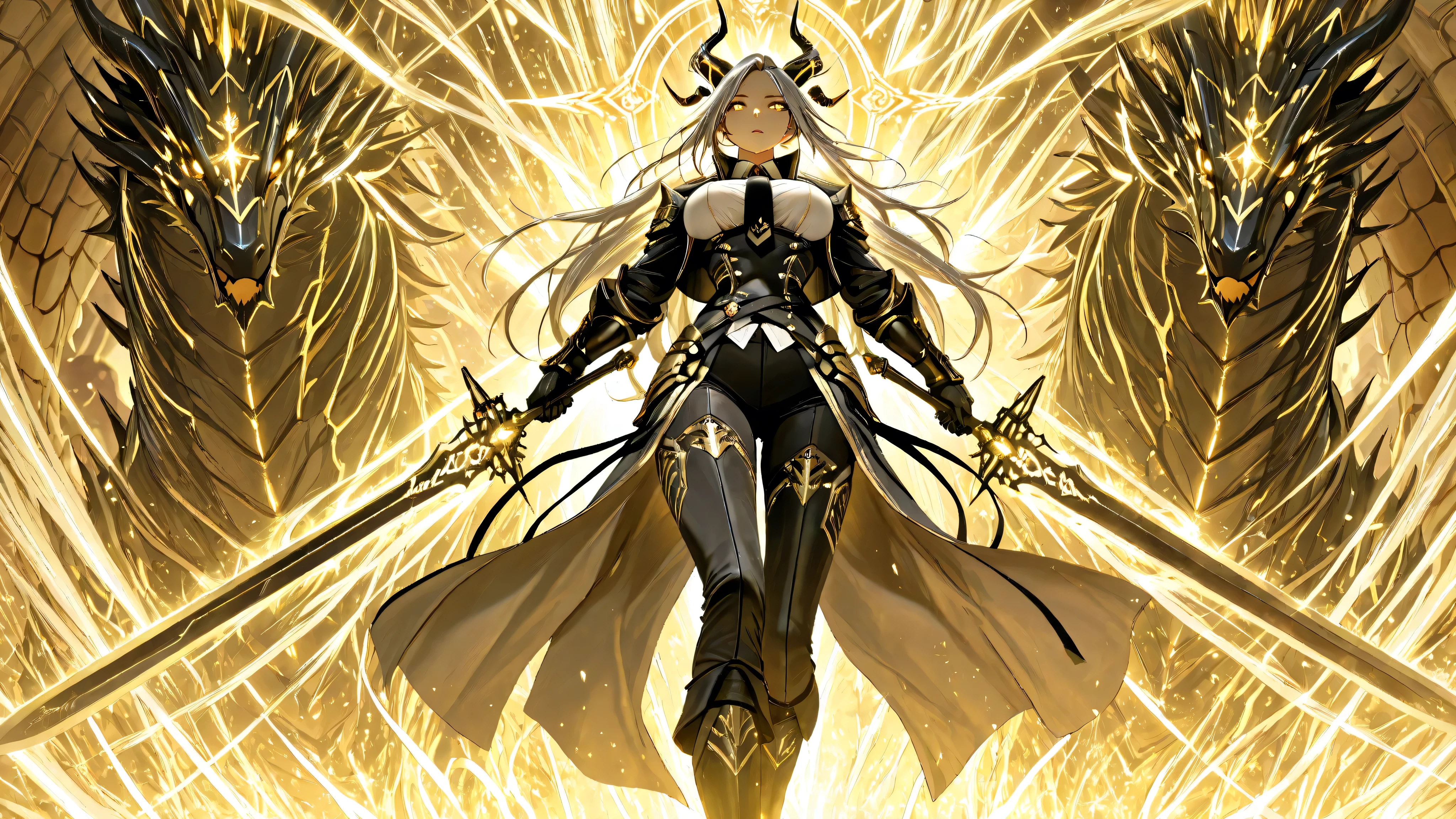 divine light magic, radiant aura,sacred energy, halo,Masterpiece, best quality, professional photography, ultra detailed,engraved,magic effect, girls are walking. detailded dragon eyes, girls has dignified expression, One girl is wearing black gauntlets on both hands. The gauntlets are decorated with gold. The girl is wearing a stylish decorated black jacket suit for combat. A white shirt with a black tie and black pants. She wears black mecha that resemble dragon horns and ears. In her hand she holds a powerful decorated black long huge sword weapon,magic effect, The other girl has long legs and wears high-heeled boots that look like black armor. The boots are also decorated with gold. Silver long hair/big breasts/masterpiece/best quality/extremely detailed