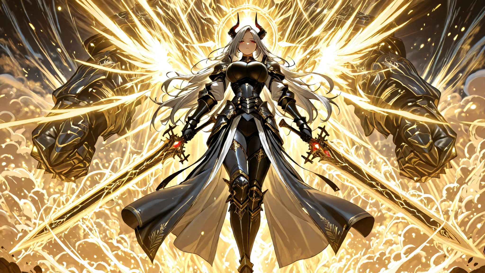 divine light magic, radiant aura,sacred energy, halo,Masterpiece, best quality, professional photography, ultra detailed,engraved,magic effect, girls are walking. detailded dragon red eyes, girls has dignified expression, detailded face, One girl is wearing black gauntlets on both hands. The gauntlets are decorated with gold. The girl is wearing a stylish decorated black jacket suit for combat. A white shirt with a black tie and black pants. She wears black mecha that resemble dragon horns and ears. In her hand she holds a powerful decorated black long huge sword weapon, The other girl has long legs and wears high-heeled boots that look like black armor. The boots are also decorated with gold. Silver long hair/big breasts/masterpiece/best quality/extremely detailed