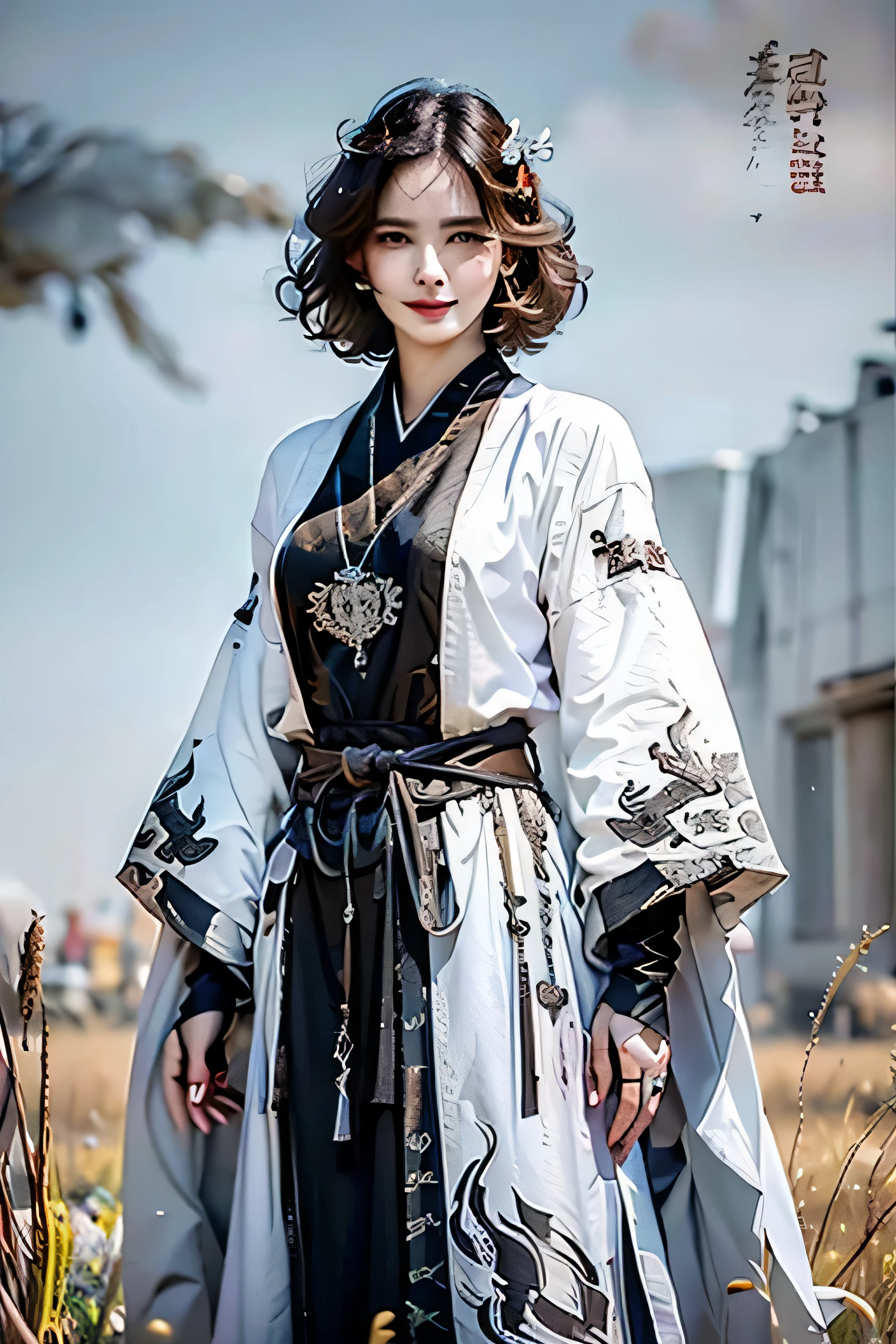 ( TOP QUALITY、 Masterpiece、 high resolution、 please understand ), ( 1 woman:1.5), ((45 years old )), ( eyeliner、 I'm looking at beautiful faces in detail)、( thick brown hair 、 short hair:1.8、 short unkempt hair 1 .3、 curly hair :1.2)、 great style、(Tall 1.2、Big shoulders 1 .2)、goddess of life、(spring casual :1.2、Fresh clothes:1.3)、 look gently at viewer 、smile、 ((wearing a white dress and robe with silver pattern on it))