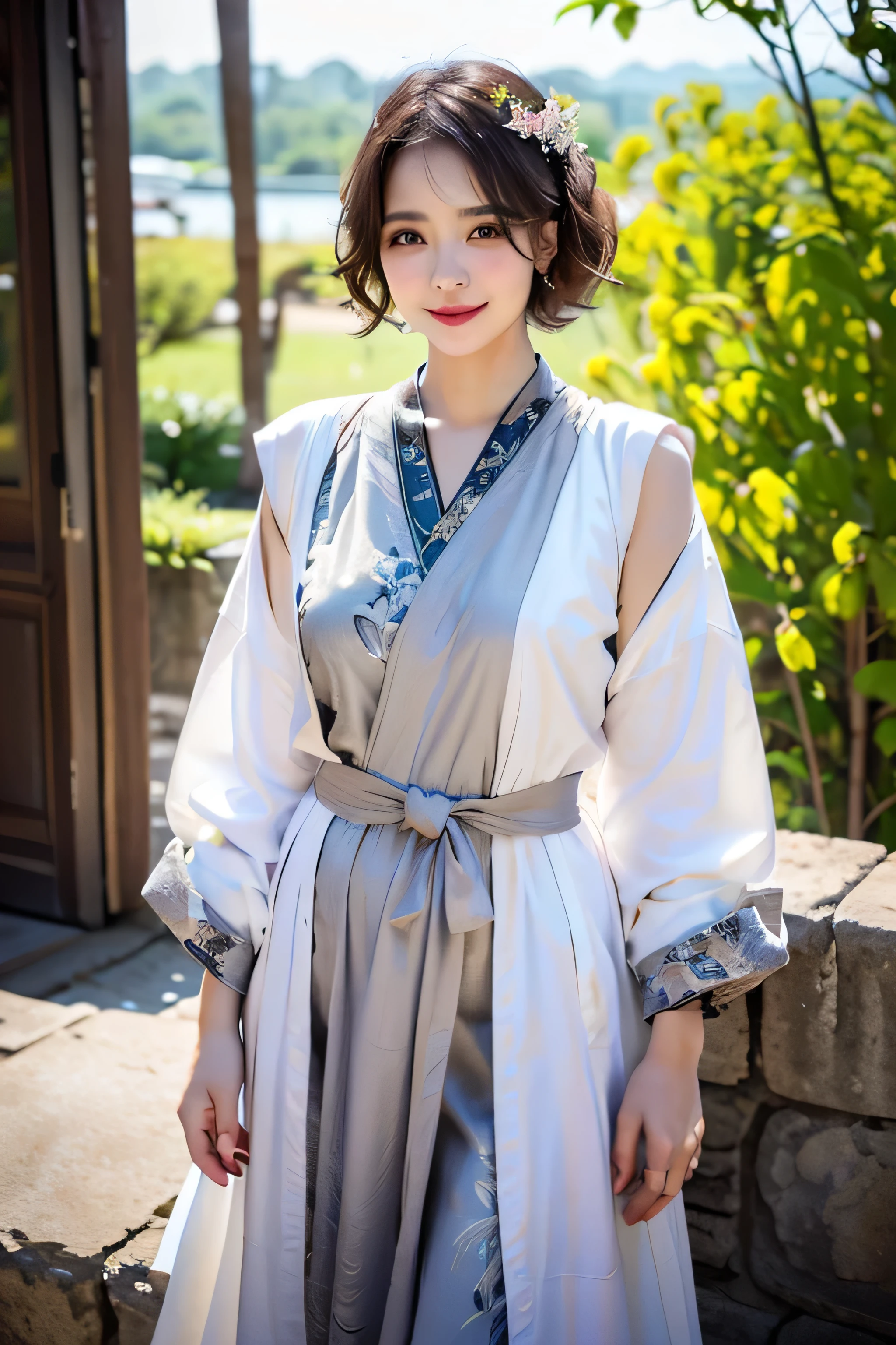 ( TOP QUALITY、 Masterpiece、 high resolution、 please understand ), ( 1 woman:1.5), ((45 years old )), ( eyeliner、 I'm looking at beautiful faces in detail)、( thick brown hair 、 short hair:1.8、 short unkempt hair 1 .3、 curly hair :1.2)、 great style、(Tall 1.2、Big shoulders 1 .2)、goddess of life、(spring casual :1.2、Fresh clothes:1.3)、 look gently at viewer 、smile、 ((wearing a white dress and robe with silver pattern on it))