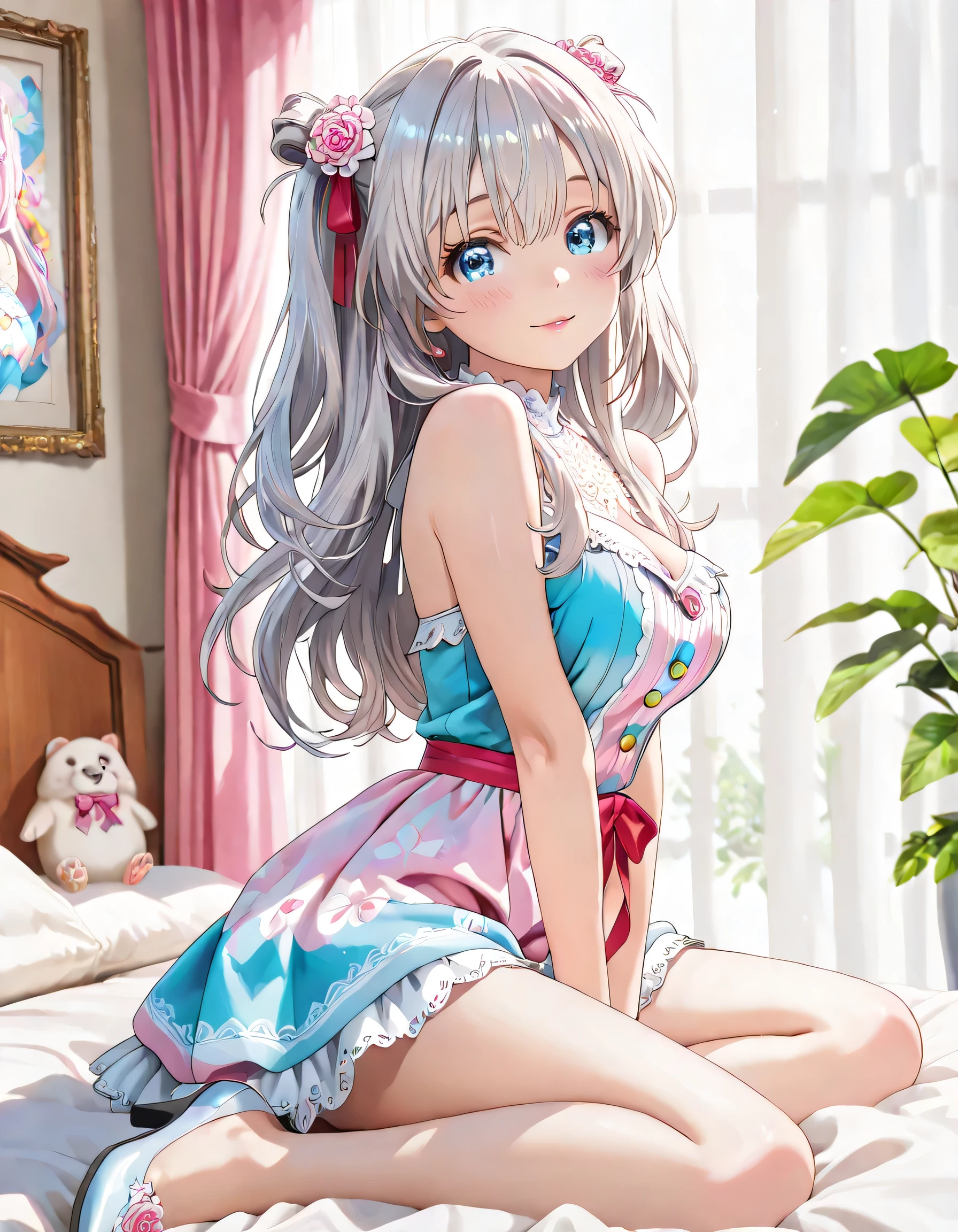 ((ultra-detailed)), (highly detailed CG illustration), (best quality:1.2), ultra-highly detailed, colorful composition, artistic photoshoot, 1girl, solo focus, upper body:1.3, moe anime character, girl, dainty facial structure, round face, rounded chin:1.2, short stature, blue eyes:1.3, sagging eyes:1.3, silver hair:1.3, long hair, hair is swaying in the wind, ample breasts, A soft pastel pink knit dress with a pose where you put your fingers on your lips and lightly touch your lips with one hand. There are ribbed details and pearl button decorations on the chest, and a large red ribbon at the waist. The skirt is flared, and the hem has wavy ruffles and small pearl decorations, A cute and fashionable outfit that combines Lolita fashion and girly style with a high neck and a shoulder design, The concrete wall where the light shines softly creates an elegant and neat atmosphere, subtle sheen, full body view, intricate design, graceful posture, poised expression, two side up hairstyle, floral hair accessories, delicate curls, soft shading, harmonious color palette, ethereal ambiance, sitting, pink lips, gentle smile:1.2, blush:1.2, from side, dynamic pose, contrapposto pose,kawaii background, best quality, masterpiece, portrait, depth of field, soft lighting, sidelighting, shine, lighting, caustics, ray tracing, perfect face, lustrous skin, highly detailed face, highly detailed eyes, perfect face, perfect nose, perfect hair, perfect eyes, perfect anatomy, beautiful hair, beautiful small face, extremely detailed face, beautiful detailed eyes, beautiful clavicle, beautiful body, beautiful ample breasts, leavage, breasts squeezed together, equalize the size of the left and right breasts, beautiful thin thighs, beautiful legs, beautiful fingers, 4 fingers, 1 thumb, lovely, (very detailed background:1.0), (highly detailed background:1.0), kawaii aesthetic, intricate details, girly atmosphere, pastel colors palette, chromatic aberration