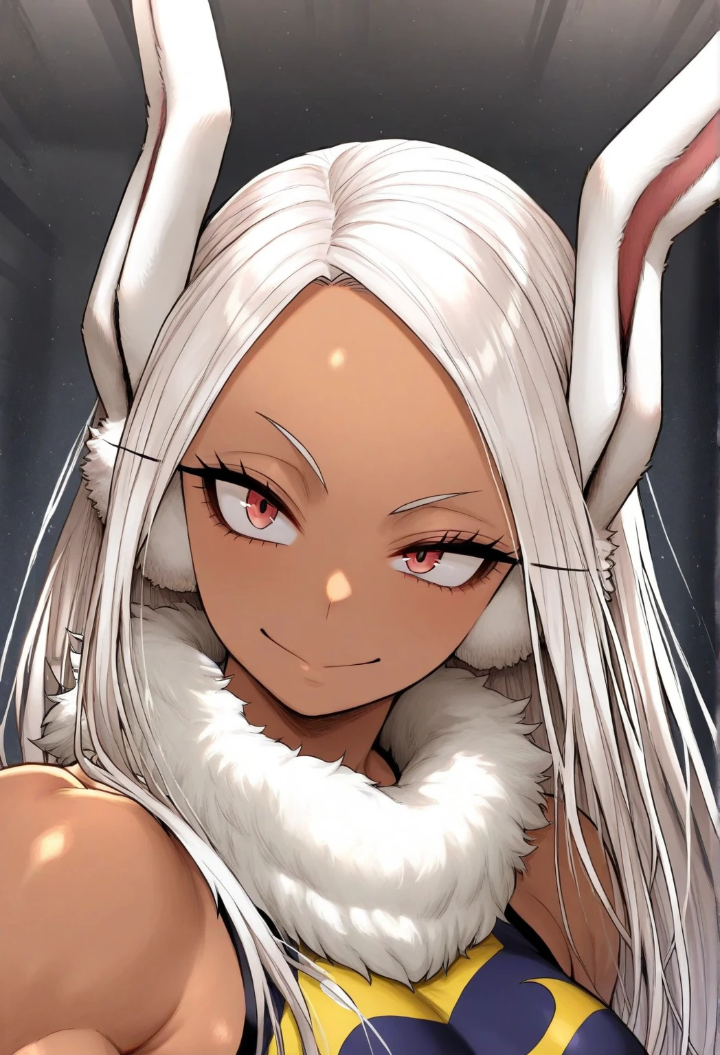 ,1 girl,Solo,tan,attractiveSmile,light feet,breasts,adult,foot focus,White hair,red eyes,wolf hair,,full body,light 
wolf girls,Androgynous,big breast 
best quality,very aesthetic,absurdres,pov,looking at viewer,front view,straight-on,puffy , wariza