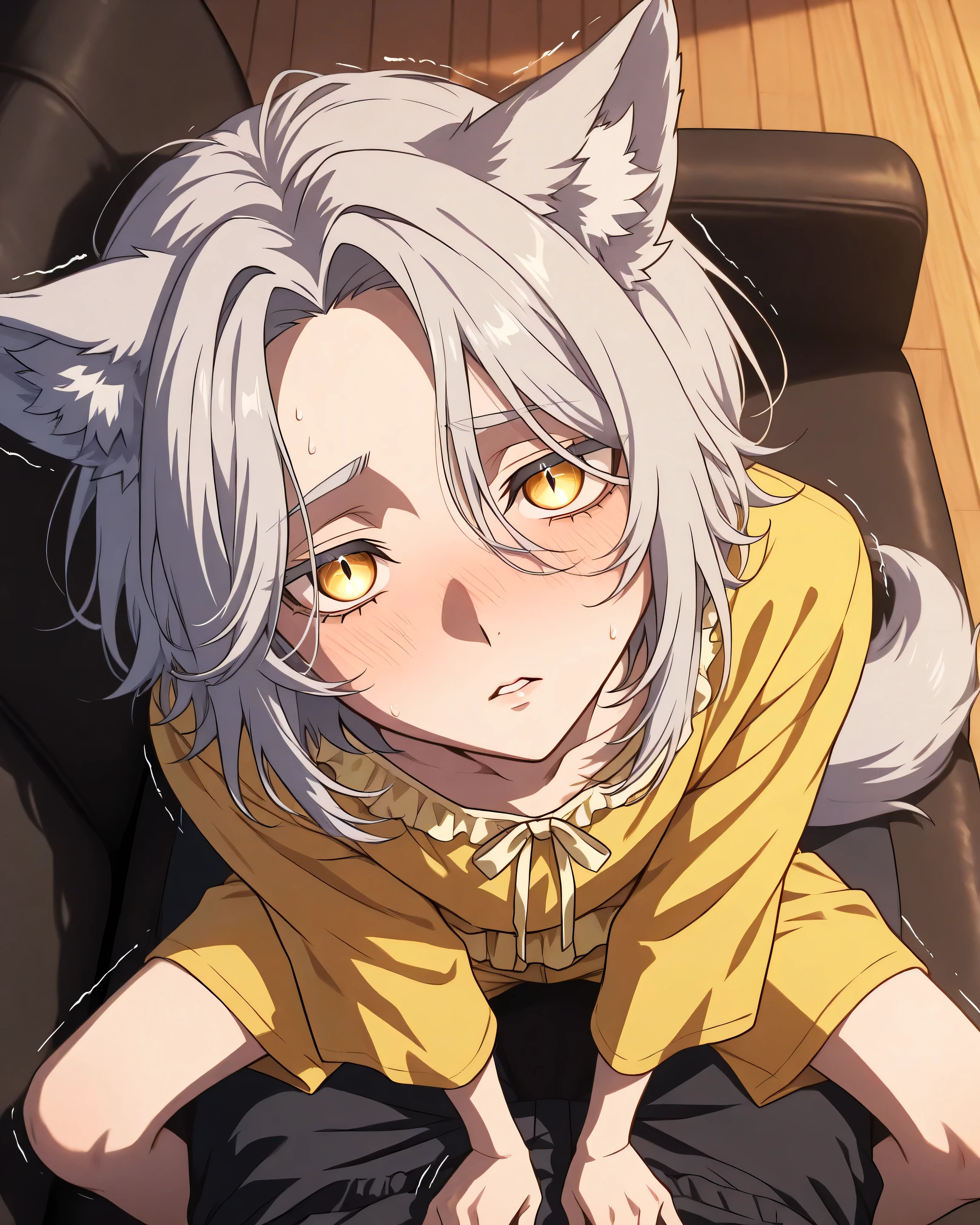 Boy, wolf hybrid, wolf tail, wolf ears, medium hair, parted bangs, silver hair, yellow eyes, vertical pupils, skinny twink, solo, detailed eyes, detailed face, detailed body, adult, detailed living room, evening, detailed eyes, detailed image, looking at viewer, sitting on lap POV, on black couch, gay, embarrassed, half closed eyes, yellow pajamas top, yellow pajamas shorts, leaning to viewer, flustered, nervous, trembling, knees spread, from above, kissy lips, parted lips, face close up, incoming kiss POV