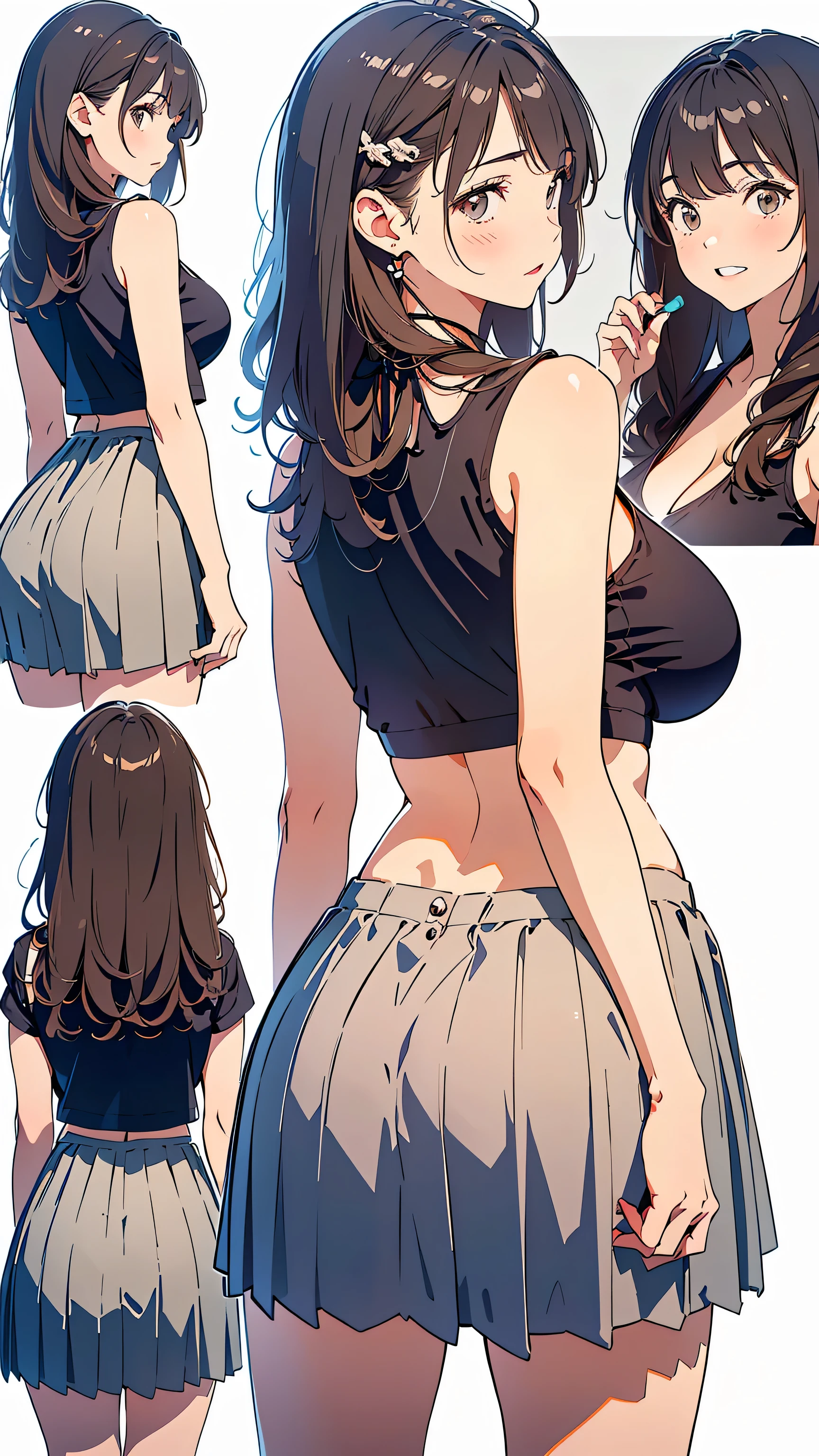  masterpiece,  ((pale background, light background, White background)), out of focus background, Highest Quality ,  [illustration] , Pictures of women only:1.5, ((  This is an image outlined with very thin lines :1.3)),  ultra details,  details,  high resolution,  8K Wallpaper,  perfect dynamic composition ,  Beautiful Eye Details  , (gray, Tight, tank top),  ((random color ,  pleated skirt)),(random color, panties), big hip, (short hair,  shiny hair, light brown hair, loosely braided hair), (), (big natural breasts :1.3),  Natural Colored Lips, (random sexy pose :1.1), (23 year old girl, OL), (Cowboy Shots), Full body photo, (  embarrassed expression), ((Lean めforward, back view, stick out your butt:1.3)), from below:1.3