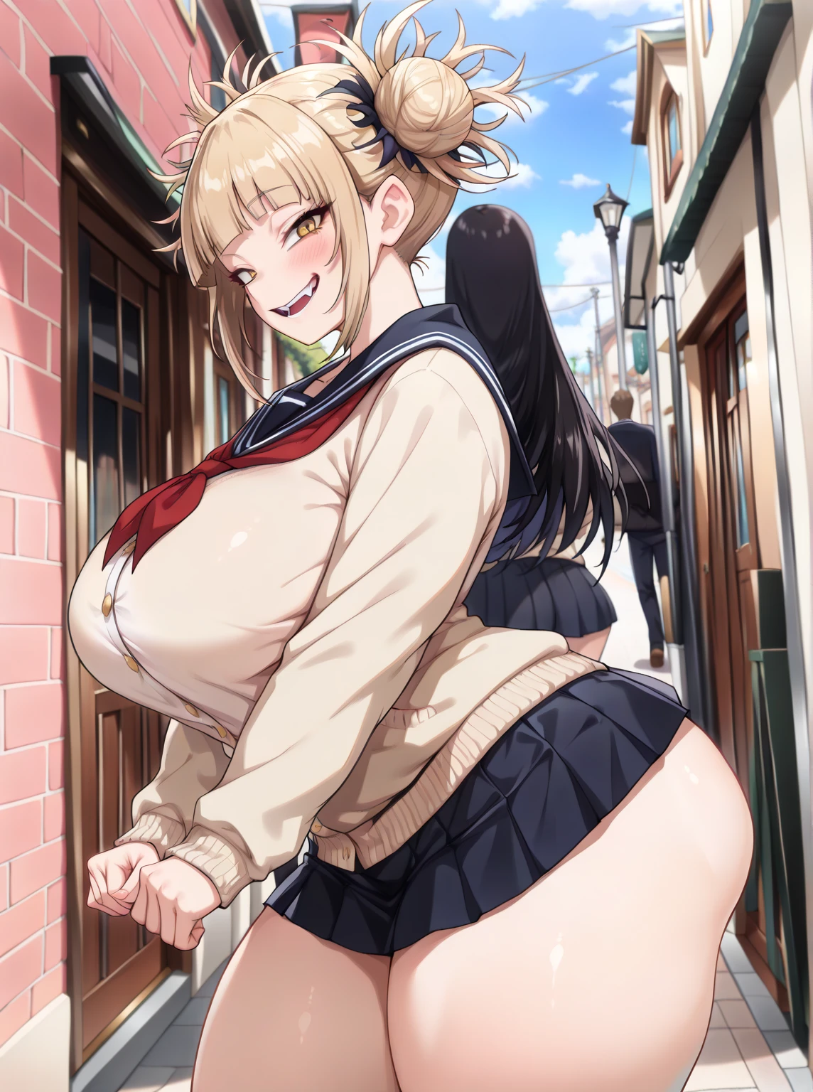 source_anime, best quality, clear face, Toga Himiko,  blonde hair, yellow eyes, short hair, large breasts, perfect body, looking at viewer, smile, in a panda costume posing for a photo, in the city ​​at night, standing, dynamic angle, from behind view, big ass ,seductive anime girl, sfw version.