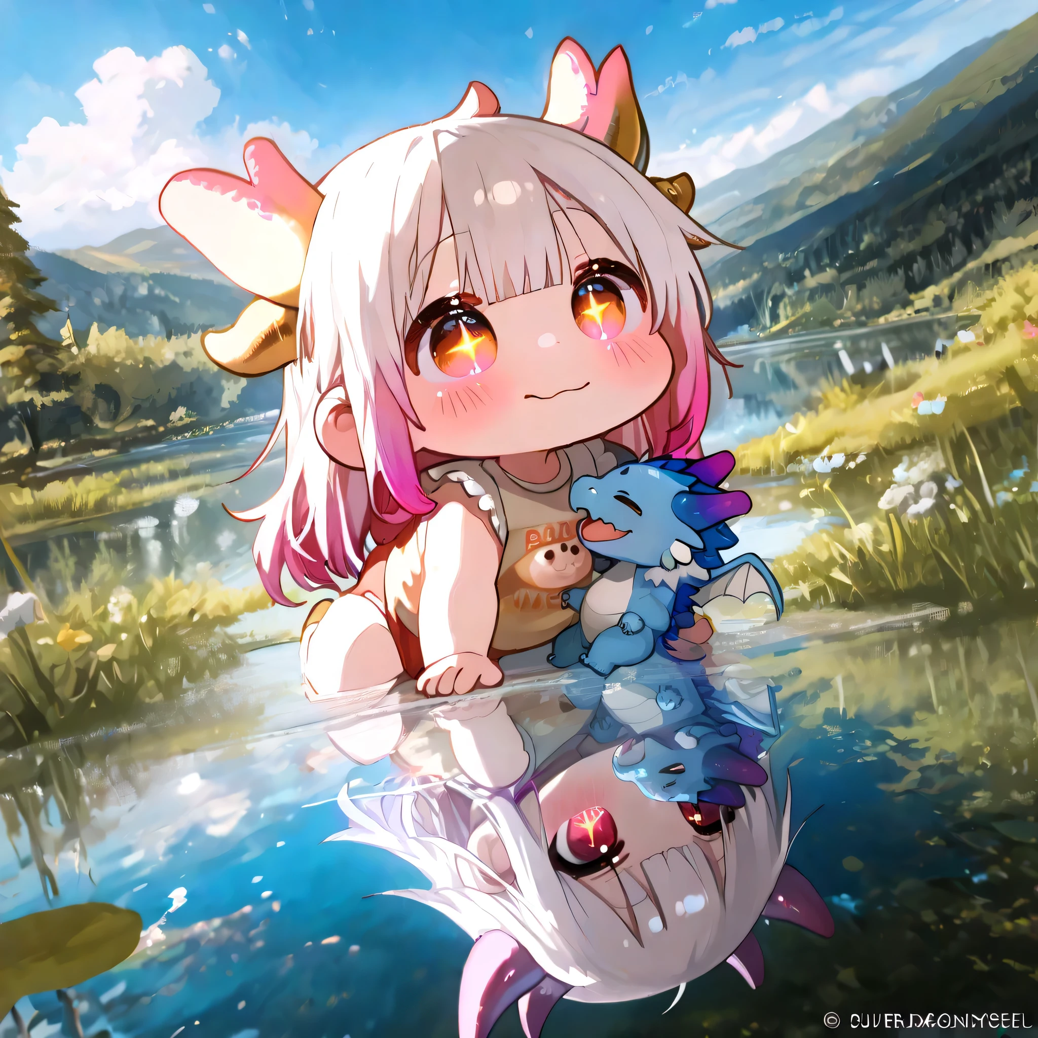 1girl, chibi、cute、THE BEST DETAILS、(((Highest Quality、Masterpiece、Super Detailed、CG、OFFICIAL ART)))、(((I'm looking at a baby dragon and myself reflected in the lake)))、Heartwarming、cute、In the great outdoors、bold outline neon color、