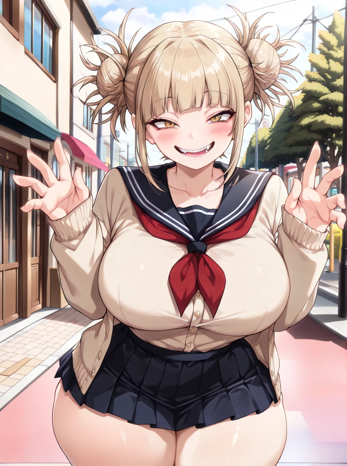 HimikoU1, 1girl, solo, bangs, blonde hair, yellow eyes, blunt bangs, hair bun, double bun, sidelocks, messy hair, looking at viewer, smile, blush, bags under eyes, teeth, , sailor collar, open mouth, serafuku, fangs, breasts, medium breasts, cardigan, narrowed eyes, long sleeves, neckerchief, red neckerchief, cowboy shot, slit pupils, blue saillor collar, skirt, sharp teeths, :d, pleated skirt, collarbone, short hair, blue skirt, kneehighs, outdoors, day, buildings, city, clouds, balcony, trees, bushes, tall female, skinny, looking back, from behind, ass focus, ass, medium ass,(Huge breasts:1.5)