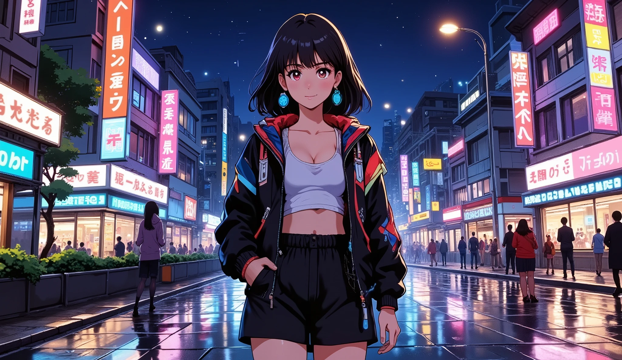 Anime style illustration of a stylish beautiful girl with headphones, walking through a lively neon-lit city street at night, grooving to funk jazz music, wearing a trendy jacket and mini skirt, dynamic pose, confident smile, vibrant colors, cinematic lighting, detailed background, Japanese anime aesthetic, high detail, 4k
