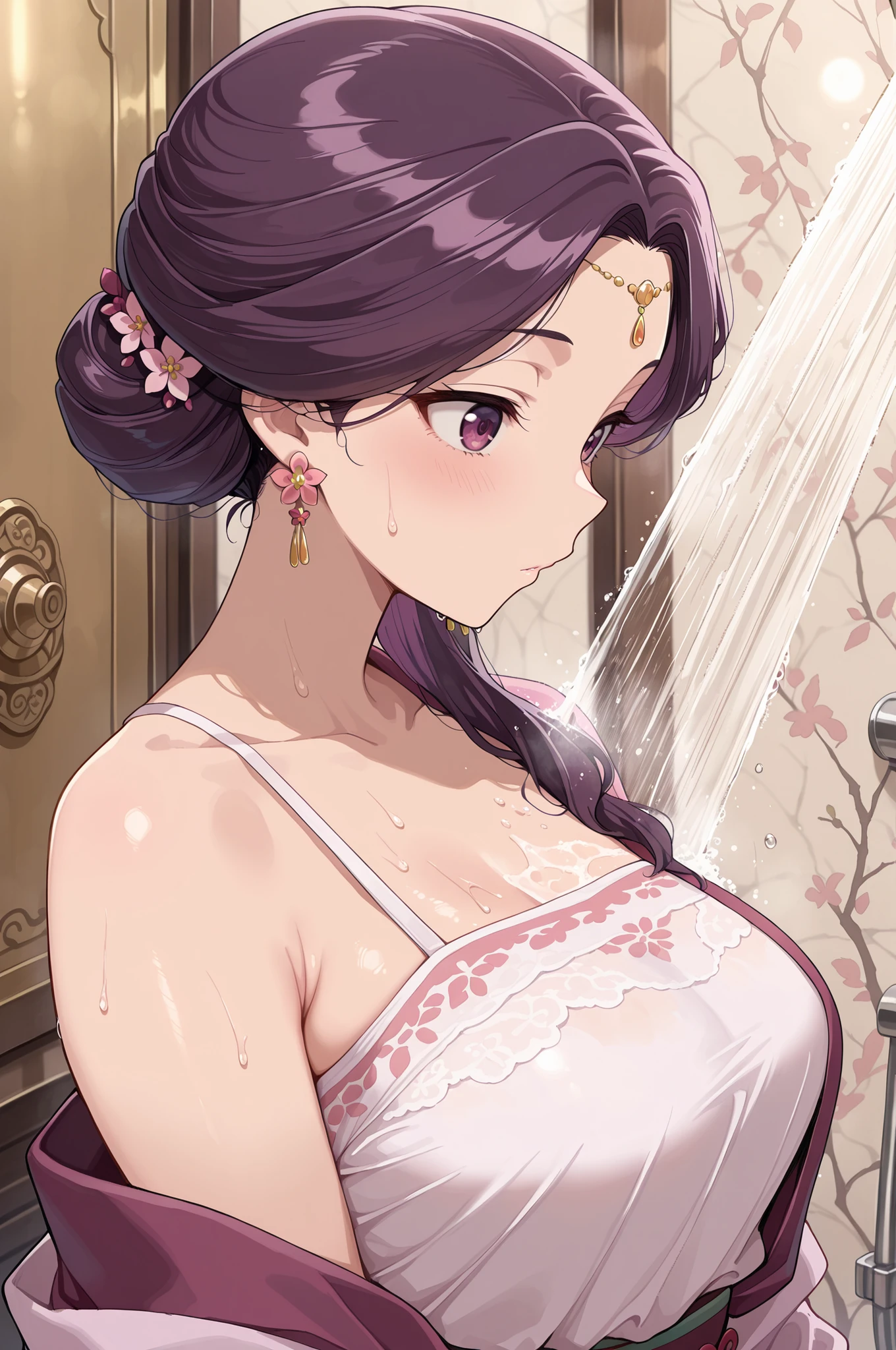 masterpiece, best quality, amazing quality, very aesthetic, intricate details, highly detailed background, 1girl, solo,
KJOyinghua, purple hair, purple eyes, hair flower, updo, earrings, hair over shoulder, yellow forehead jewelry.
Taking shower