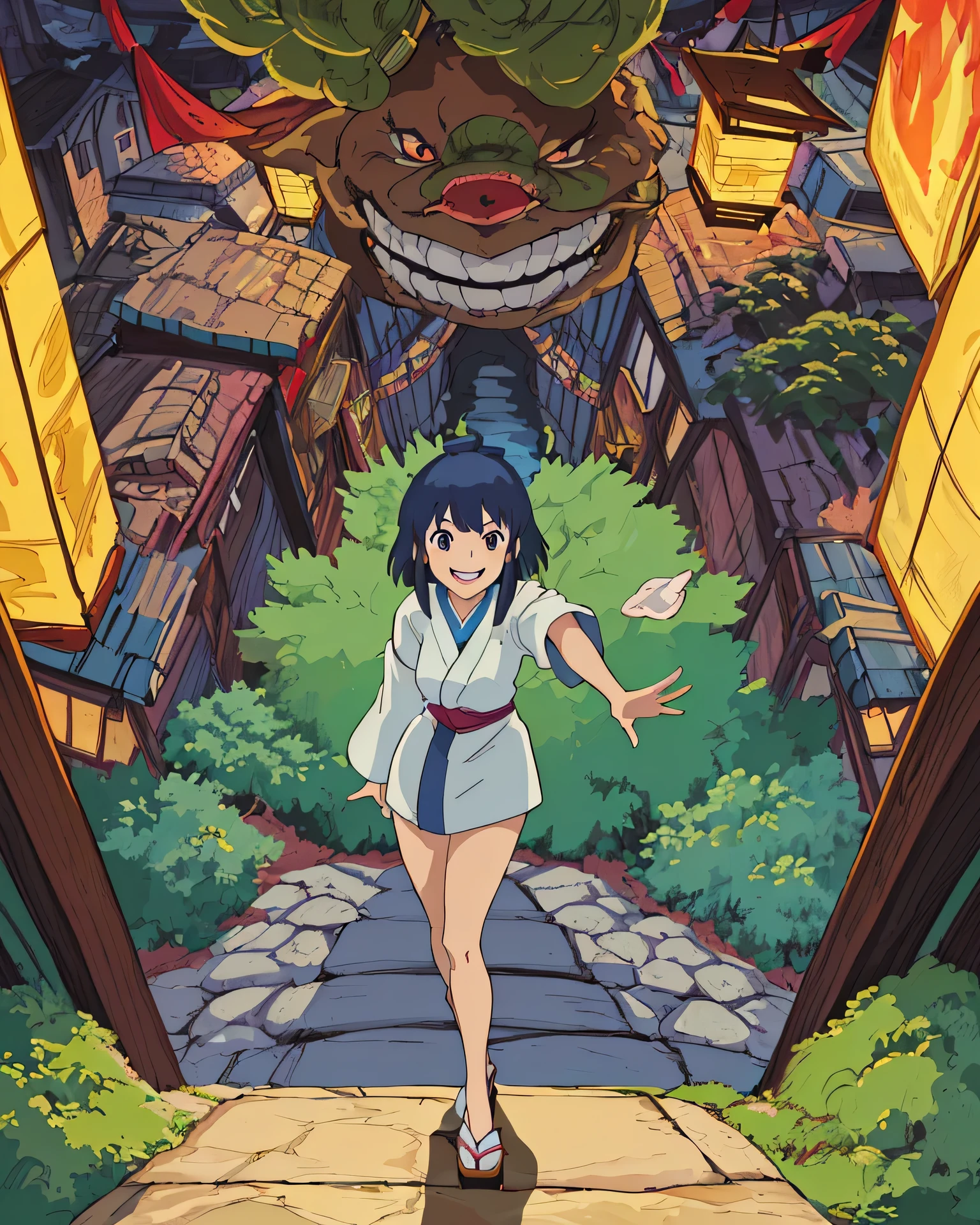 A vibrant and quirky Japanese woman inspired by Takizawa Karen's natural charm, with a playful and confident smile, wearing a stylish yet whimsical outfit, standing heroically in a Studio Ghibli-style fantasy world with lush forests, floating lanterns, and magical spirits, hand-drawn animation style, bold cinematic composition, dramatic lighting with warm and cool contrasts, ultra-detailed, 4k resolution, movie poster design, featuring a catchy tagline like "Cute Pop Revolution!" or "I’m ビックリ Adventure!", vibrant colors, epic and inviting atmosphere