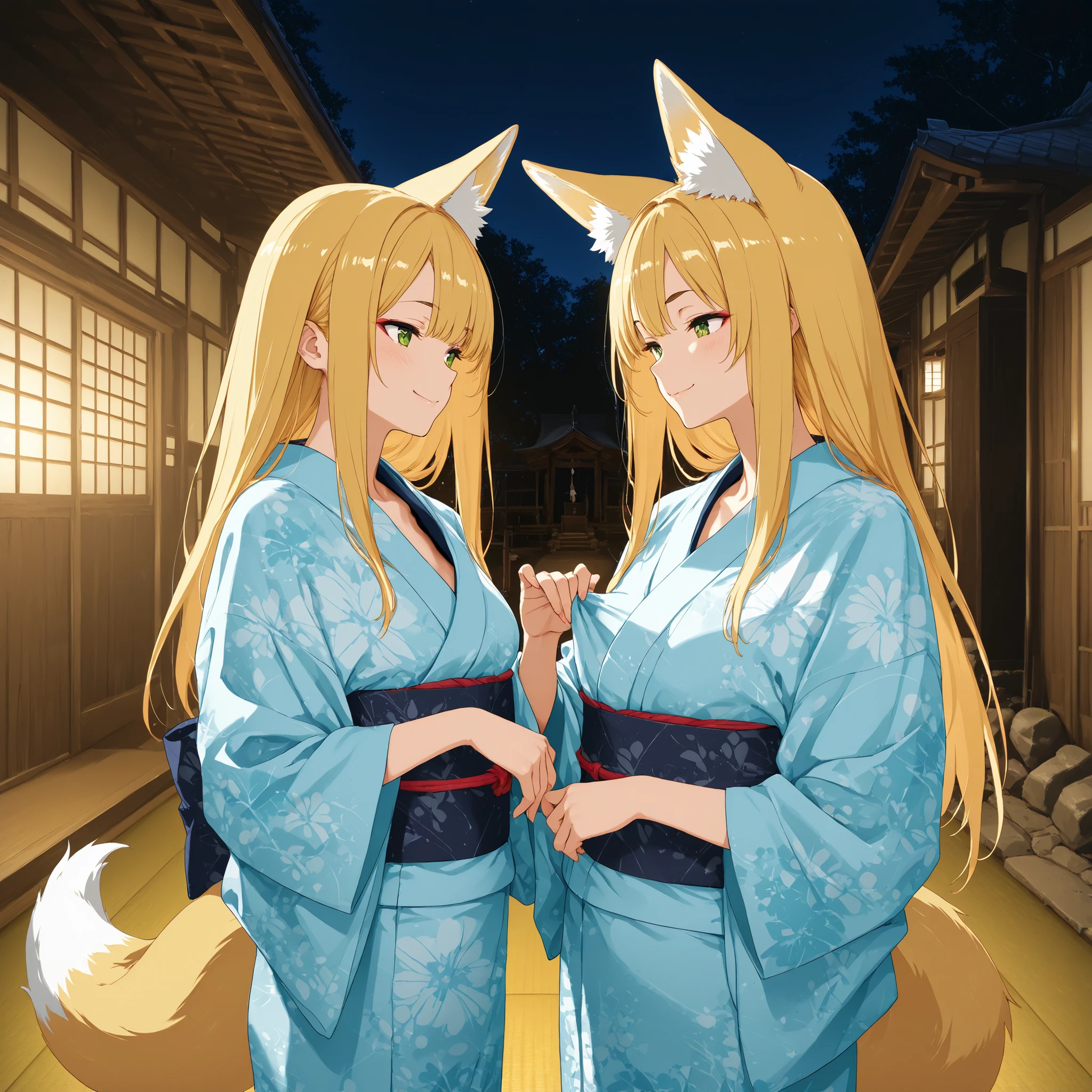 {{Woman in Japanese Kimono}},Blonde,LONG HAIR, ultra-aesthetic, anime style,at night,Shrine,kimono, smile,Human Male,fox_ears, blonde long hair, fox_tail,tatami room,{best quality}, {very aesthetic}, {ultra-detailed}, {best illustration}, nsfw, girl,{{ man}}, penis, catch ,{{{pinch glans}}},Take off your kimono to show your chest,Pinch a man's penis with a woman's finger
