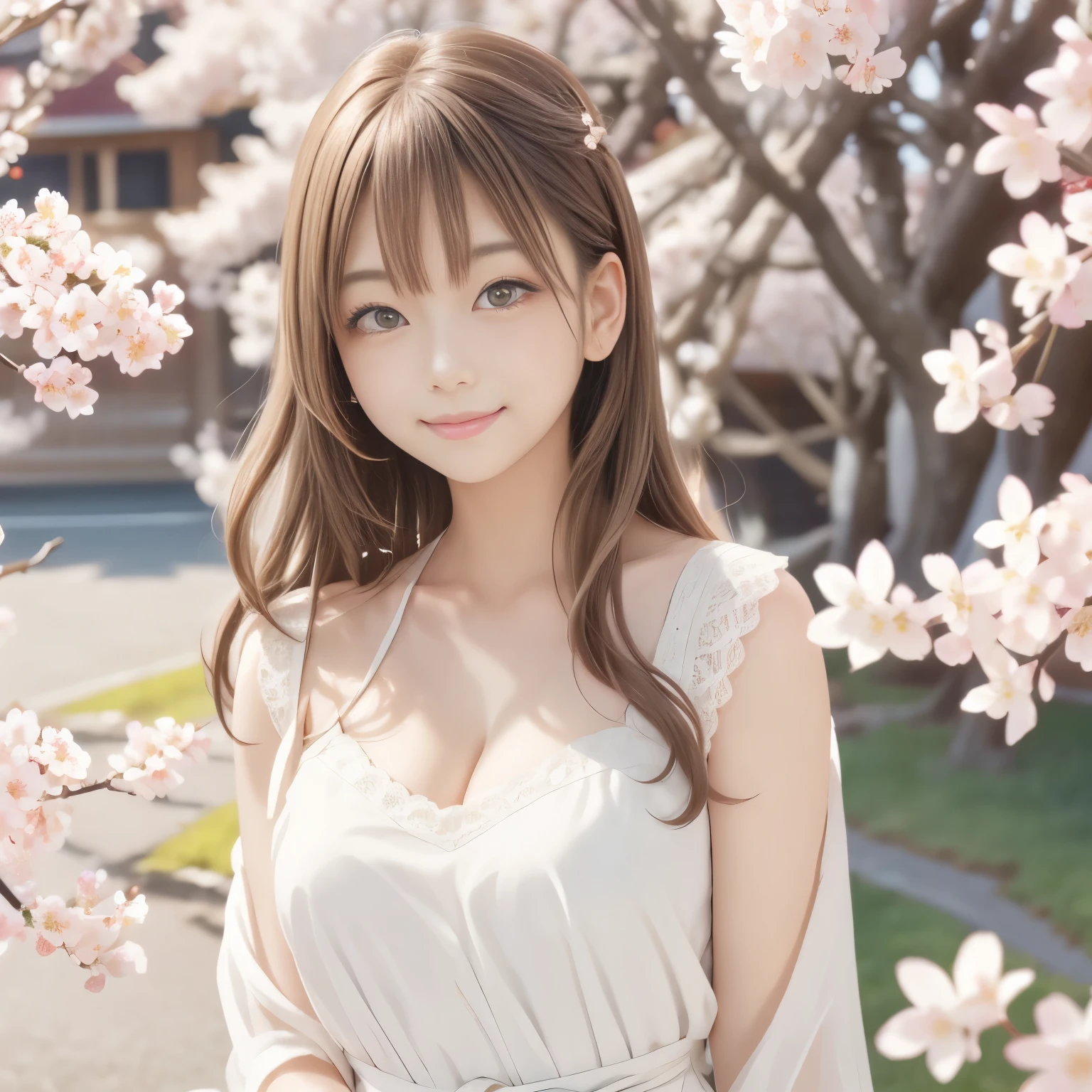 masterpiece, best quality, ultra high res, 1girl, anime style, upper body to waist-up, soft and warm spring lighting, under the blooming cherry blossom trees, gentle falling petals, natural light brown hair with soft waves, brown eyes, soft smiling expression, warm and affectionate gaze, wearing an elegant pastel dress with delicate lace details, subtle jewelry, light breeze making hair sway, depth of field, cinematic composition, dreamy atmosphere
<lora:Cute busty Japanese lady:0.7>, <lora:Arachi Cute girl V3:0.5>