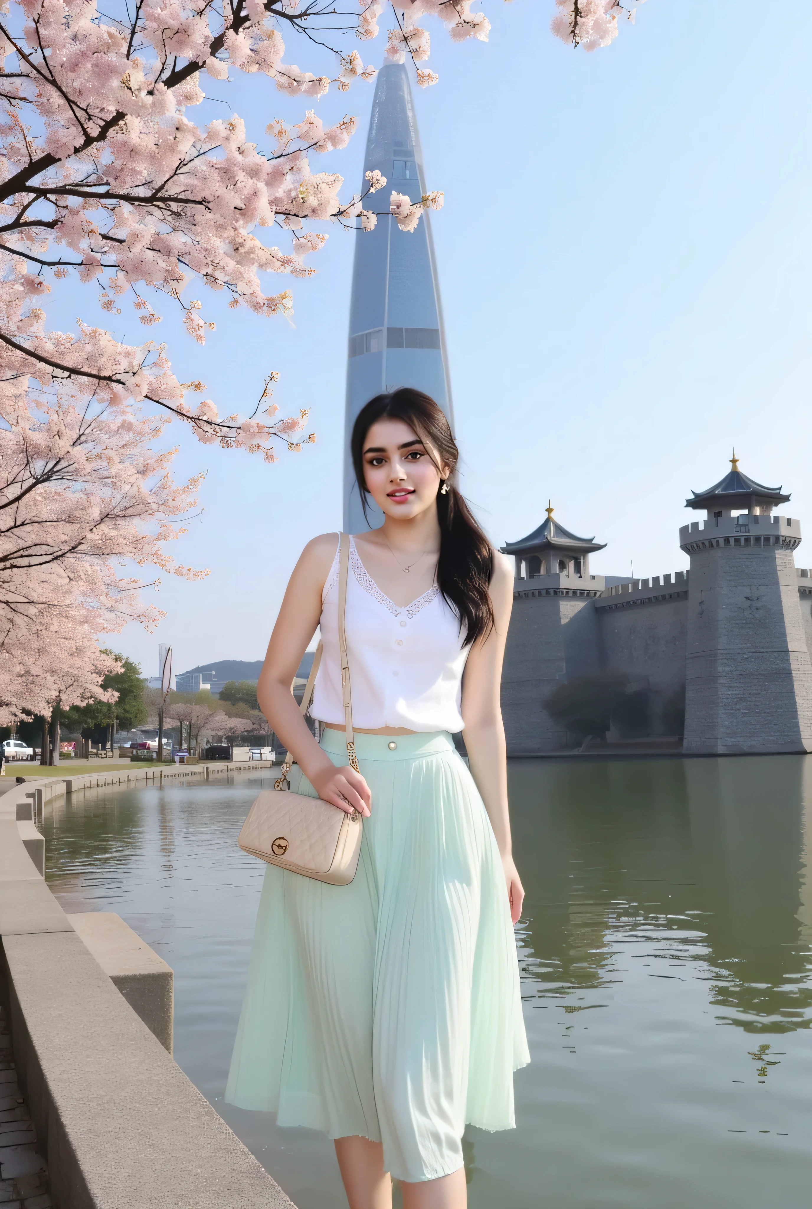 A fashionable Korean woman stands by the peaceful edge of Seokchon Lake in Seoul, South Korea, during midday, with soft shadows and bright natural light. She is smiling warmly and looking directly at the camera with a gentle, confident pose, capturing the vibe of a chic solo traveler.
She wears a pastel mint pleated midi skirt made from lightweight chiffon, paired with a white fitted sleeveless blouse that features delicate lace trim around the neckline and small pearl-button detailing. The high-waisted skirt falls to mid-calf and sways softly in the breeze. Her outfit is accessorized with white low-block heels, a cream quilted crossbody purse, and minimalist gold hoop earrings. Her long black hair is styled in a soft low ponytail tied with a ribbon, and her makeup is light, dewy, and polished — ideal for a day of aesthetic exploration.
In the background is a precise, realistic replica of Lotte World Tower — a smooth, glass-covered, tapering skyscraper with a needle-like top, mirroring perfectly in the lake water. Beside it is the distinctive Lotte World Castle, with gray stone architecture, rounded domes, small golden towers, and amusement-style fantasy elements.
The left side of the frame is filled with blooming cherry blossom trees, with a few branches extending across the frame. The lake reflects the tower, cherry trees, and castle clearly under a bright blue midday sky. The scene is styled like a cinematic, DSLR-quality travel moment with front view composition, fashion influencer energy, and Korean visual charm.