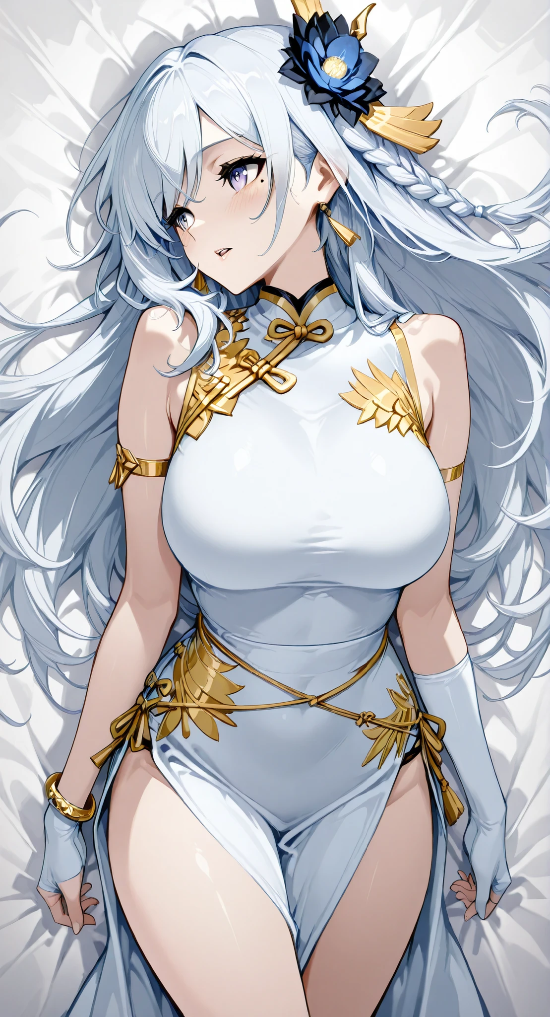 mole under eye、Armlet for left arm、bracelet for right wrist、sleeveless china ,anime girl Picture of a woman with long white hair and a flower in her hair, gray hairの deity, Anime Goddess, gray hairの, gray hairの lady, gray hair, Zodiac Knight Portrait, Haise Jinyao, Genshin characters、Keking, Full Body Senxia , female anime character, Picture of a woman with long white hair, perfect gray hairの girl,large breasts with good shape,thin waist,mole under eye,long gloves,earrings,no background,moist eyes、kind eyes、kind expression、Blush、Open Lips 、 Very large bed、my whole body lies on a white sheet、turn your face completely straight to the side from here、orgasm、tether、Climax、 The hair bundled in the back is a braid, cowboy shot with a close cute face、 from above、 Feet outside the frame、 first-person view、, sideways, from side, wide shot