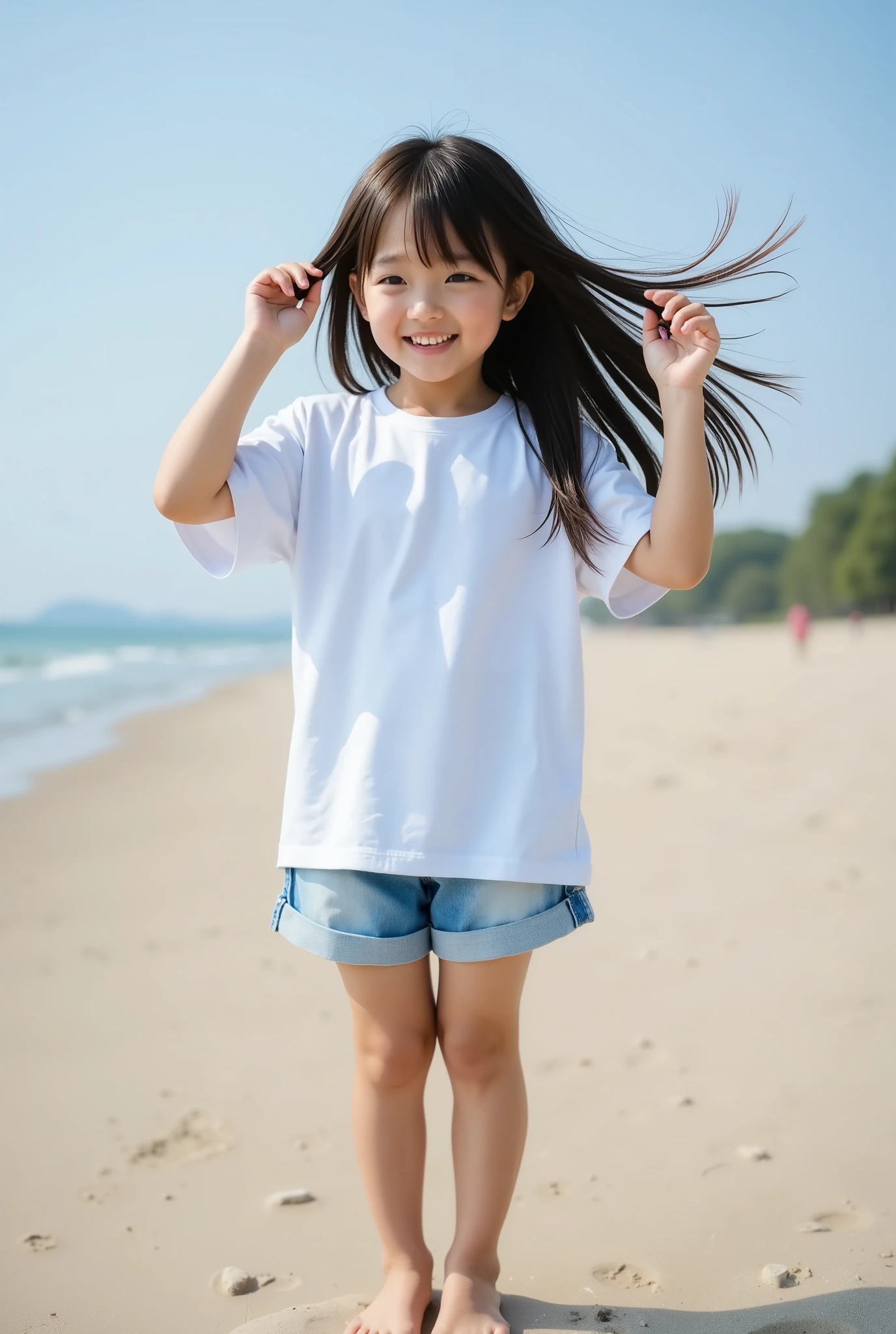 highest quality, masterpiece, 8k, highest resolution, very cute japanese girl, cutest girl in japan, very young, elementary school student, 8 years old, round face, white t-shirt, very long hair, strong wind blows long hair, denim shorts, very short pants, long shirt hides shorts, outdoor, full body, sandy beach, laughing, open mouth, showing teeth, barefoot, she is running her fingers through her hair, loli, looking at viewer