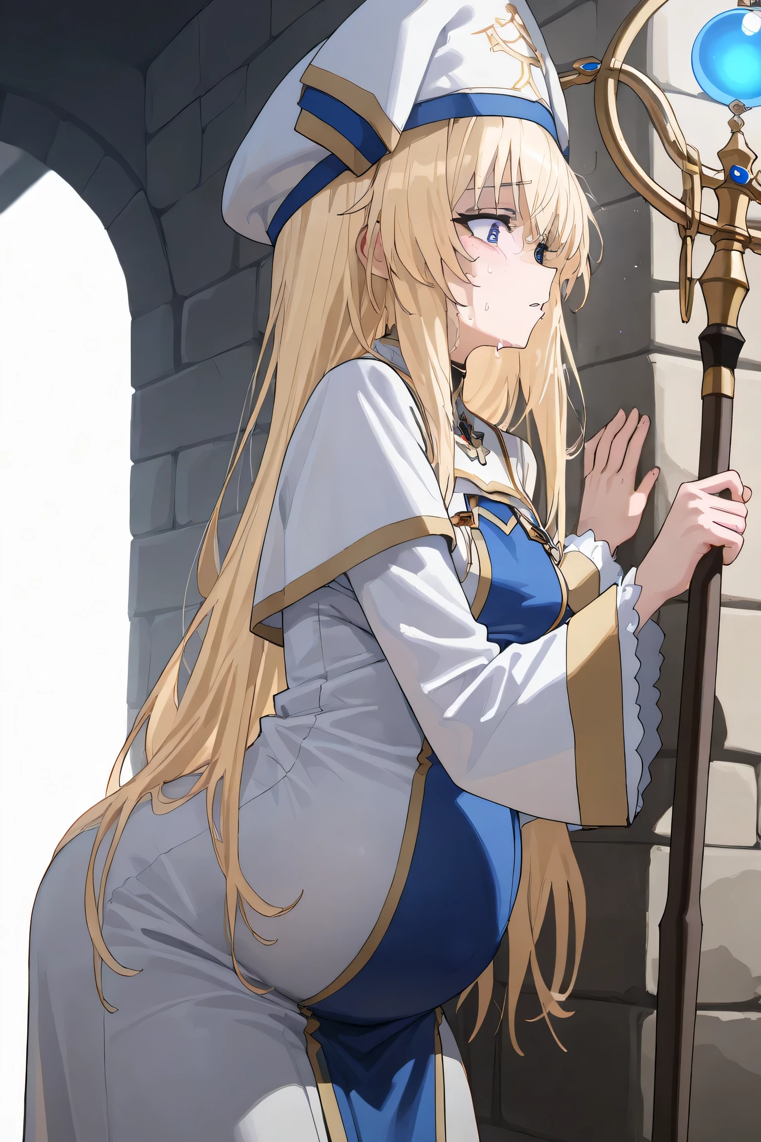 (Best quality, 4k, 8k, high resolution, masterpiece:1.2), ultra detailed, intricate details, beautiful girl, SOLO, alone, bangs, small-medium breasts, perfect smooth skin, head tilted, (Pregnant:1.0), white and blue cleric robe with gold and details, split lower robe, long white sleeves, a white cleric hat with cross symbol, holding a staff with a glowing orb, long blonde hair, blue eyes, pain, at medieval town on streets, Hand on wall, lean forward, looking down, sweating, side view