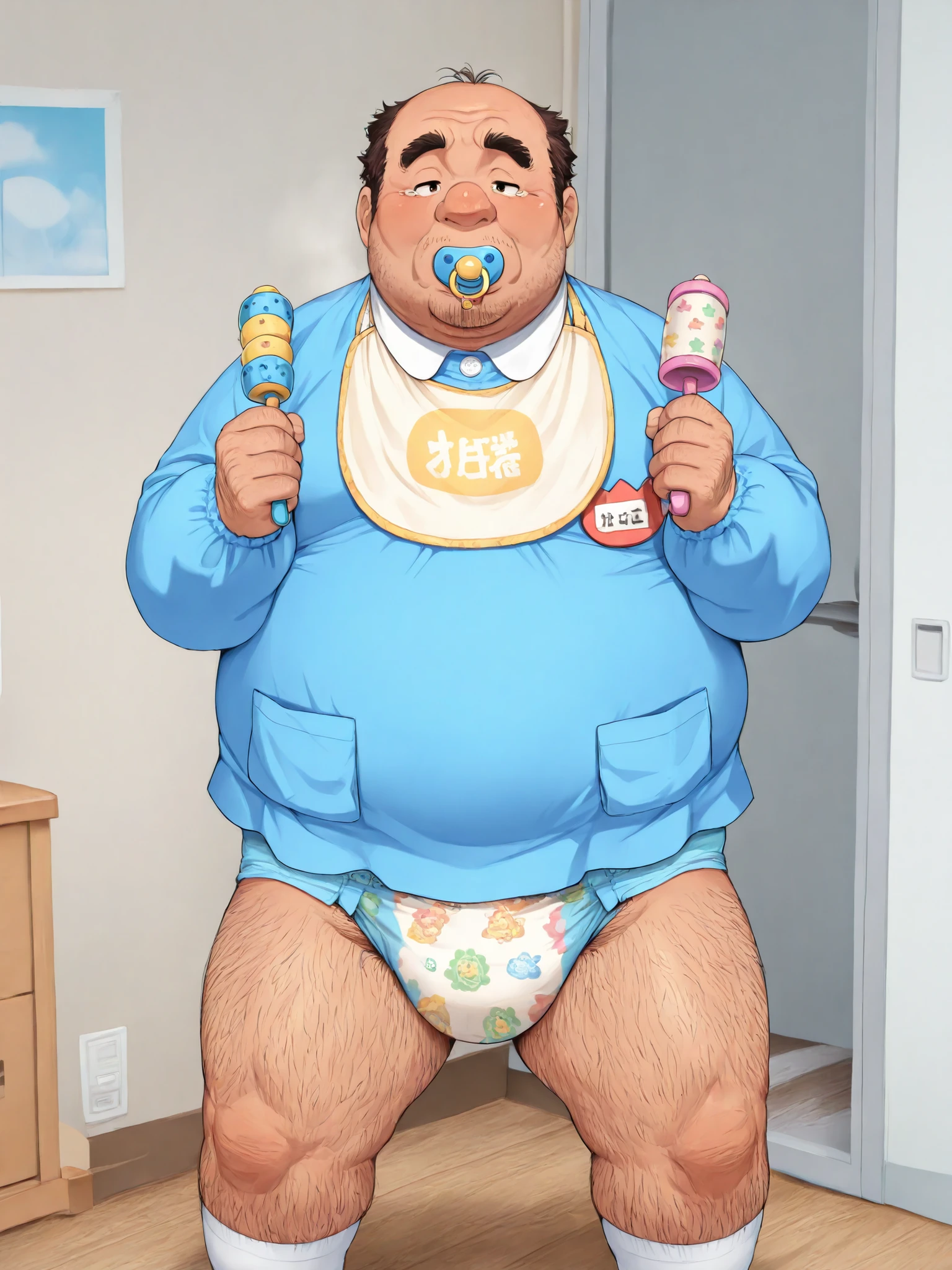 big fat dad, middle-aged,wide forehead,severe thinning hair,round face,stubble,hairy body,tearful,he has a rattle,pacifier,cute Bib,kindergarten uniform,Diapers,high quality,無修正,Japanese, standing bowlegs in cute playroom cluttered with toys,