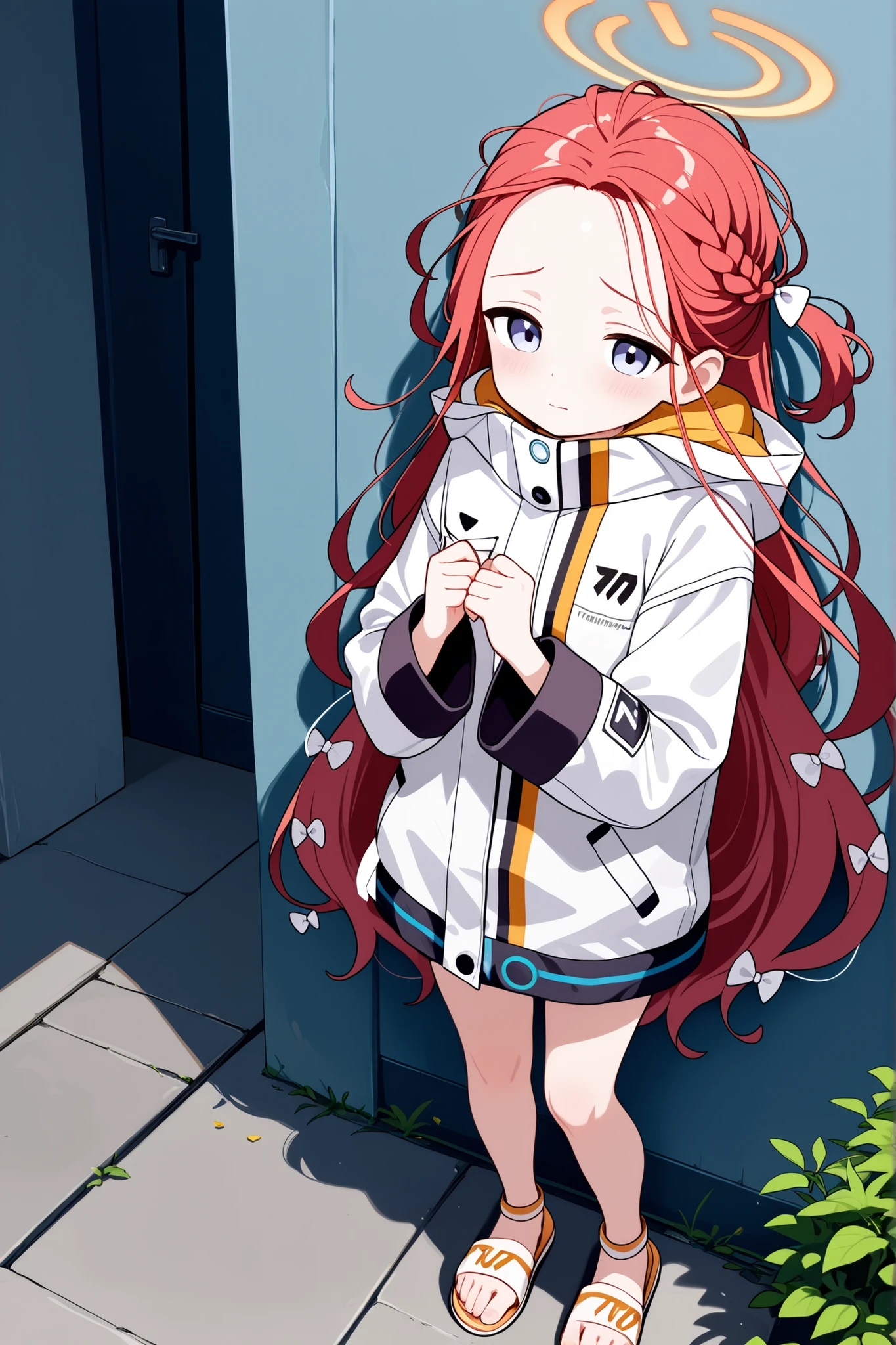 yuzu-default
yuzu \(blue archive\),blue eyes,red hair, long hair,braid,one side up,halo,multicolored jacket,sandals