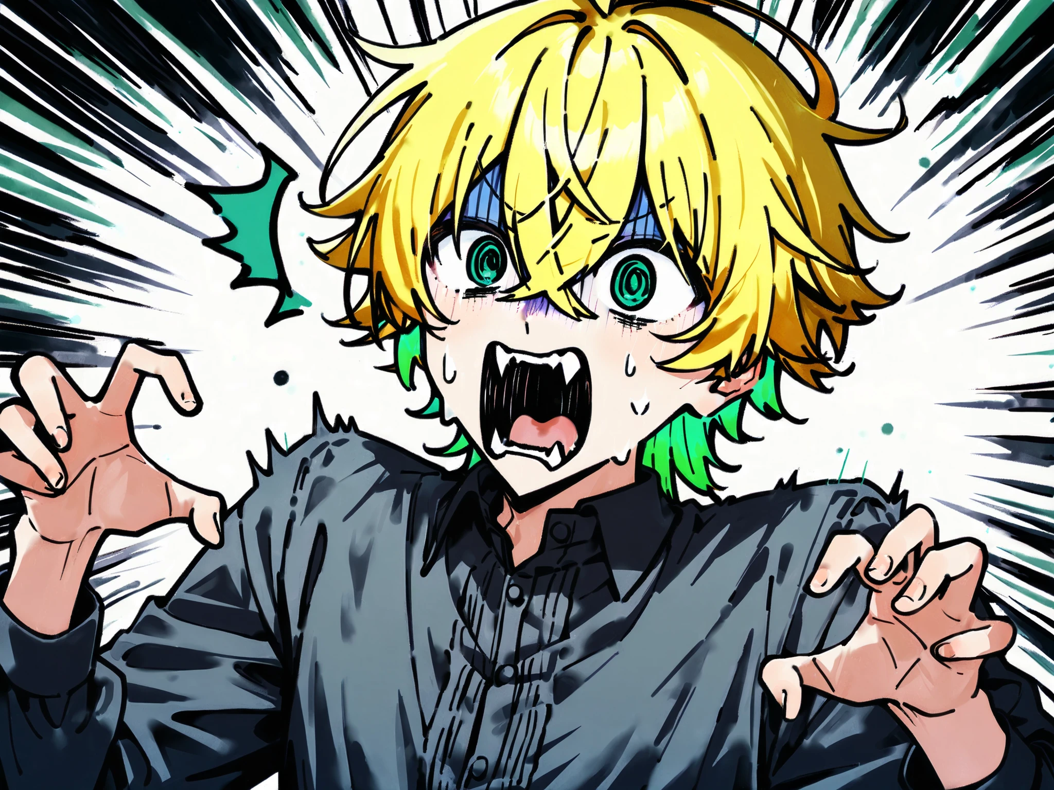 ((solo)), ((one boy)), short hair, blonde hair, green inner hair, green eyes, hollow eyes, (@_@), black shirt, collard shirt, ahoge, ((hairs between eyes, crossed bangs:1.3)), sharp tooth, white background, open mouth, ((surprised)), ((screaming)), ((panicking:1.3)), ((scared)), upper body , ((V-shaped eyebrows)), turn pale