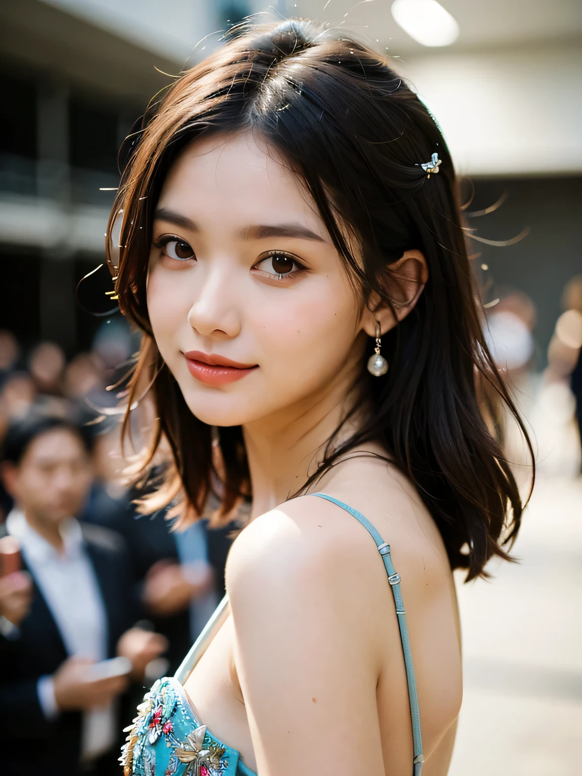 ((top-quality, 8K, masterpiece:1.3)), extremely delicate and beautiful girl, (smile) Stunningly Beautiful Girl, Haute-Couture, designer dress, wearing Haute Couture, posing for a picture, fashion show, Long shaped face, angry, crazy, dark red eyes, Sandy Blonde side-swept hair, short hair, long ringlets, catwalk, (walkway), colorful, vivid colors, masterpiece, best quality, absurdres, highest quality, amazing details, 8k, realiestic,